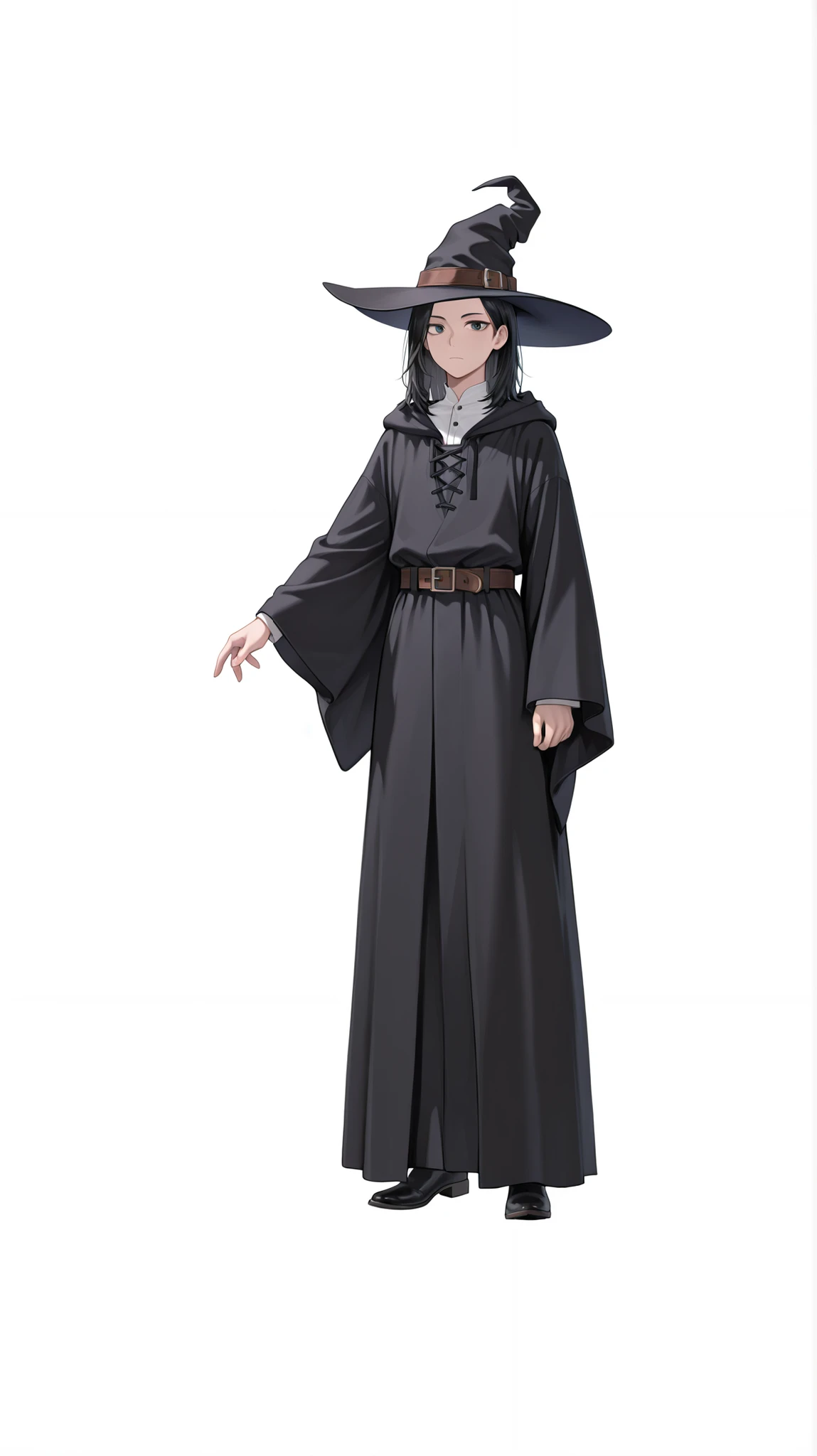 1boy, solo, looking at viewer, medium hair, simple background, black hair, long sleeves, hat, white shirt, white background, closed mouth, standing, full body, boots, belt, wide sleeves, black footwear, amber eyesblack headwear, witch hat, robe, medieval clothes,
(mature, exquisite detail, 8k, 4k, sharp focus, ultra-detailed, detailed background, absurdres, best quality, amazing quality, very aesthetic, high resolution, newest, hyper-detailed:0.78)