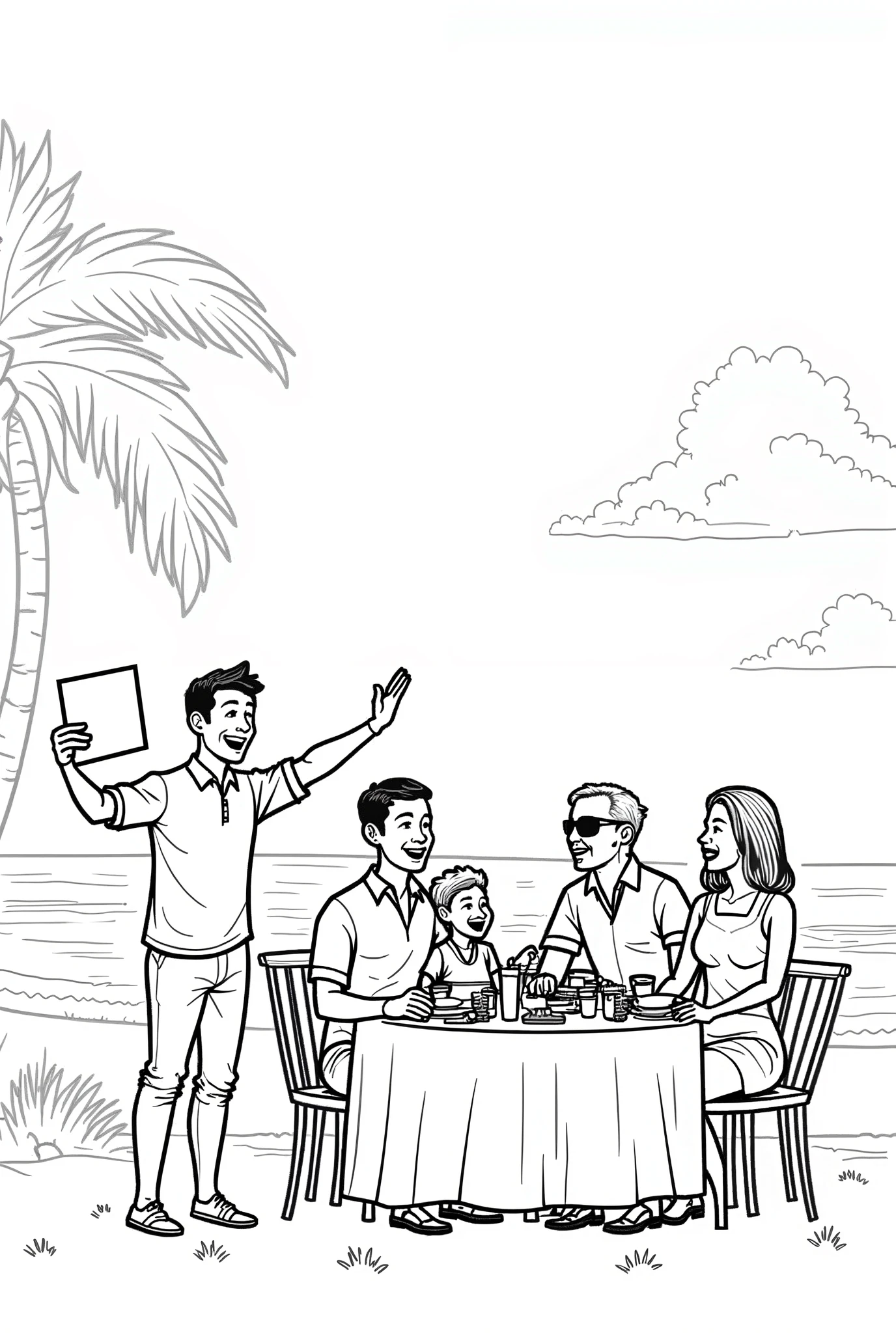 Add these changes in image more people in same line art style, more beach and restaurants details, people clapping, line art style, beautiful composition, people,