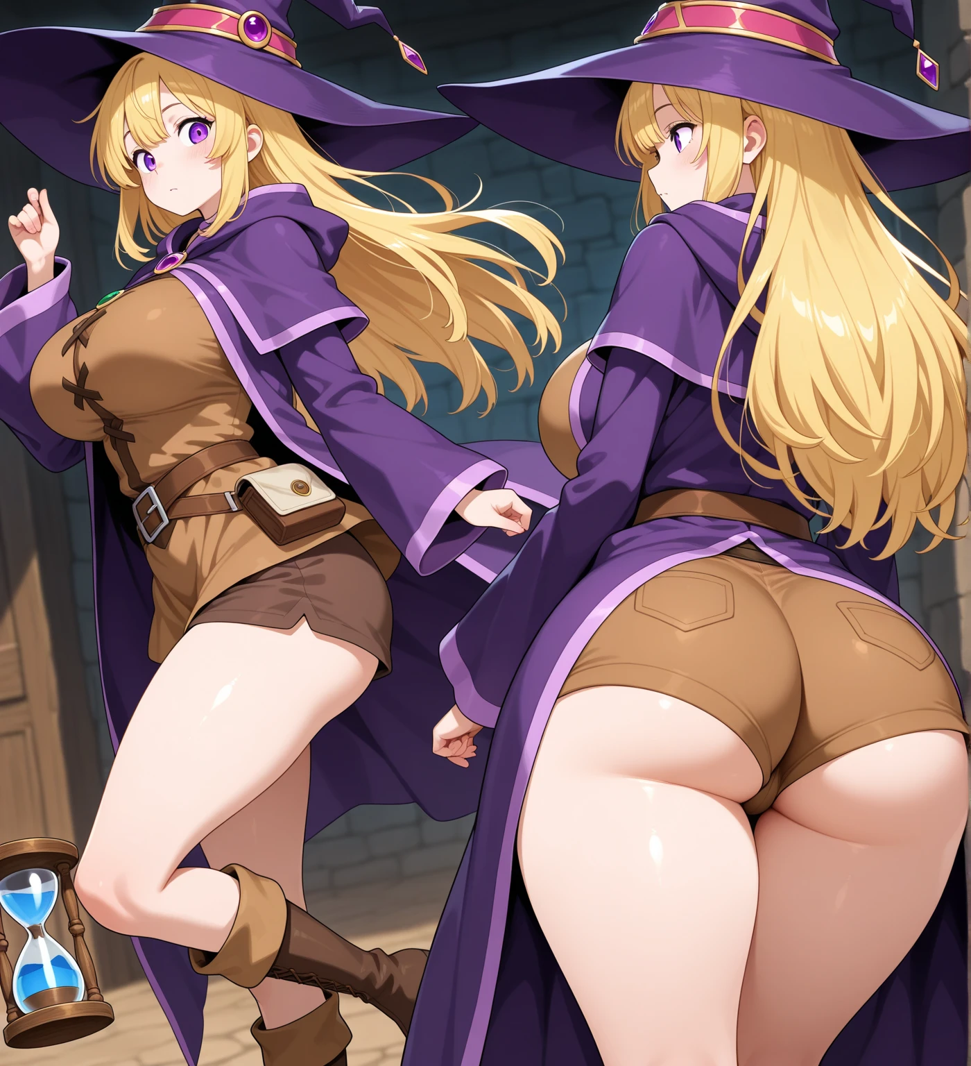 female, blonde long hair, blue eyes, pale skin, (((1girl))), (((purple corset suit with black trim))), (purple witch hat with black trim), (purple heels), (black tights), (white skirt), (glasses), (black fingerless opera gloves), cute and sexy, modest breasts, large butt, full body, long legs, smiling