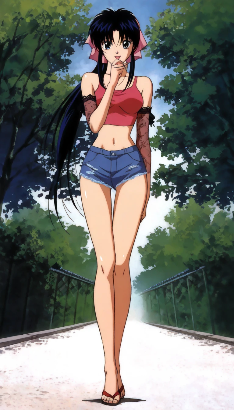 masterpiece, best quality, anime 1990s \(style\, leona heidern, transparent tank top, thong, desert, army, cammo. pony tail, wet, serious, soldier.