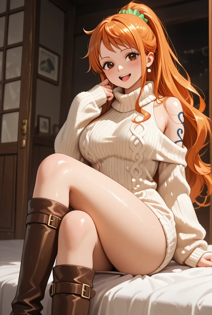 ((best quality)), ((masterpiece)), (detailed), 1 Girl, Off-shoulder sweater, (Red-haired girl, 16, face and eyes, smiling, 1.4)(White stockings, smooth and delicate, sitting 1.5)
(Look up, look up 1.4),White