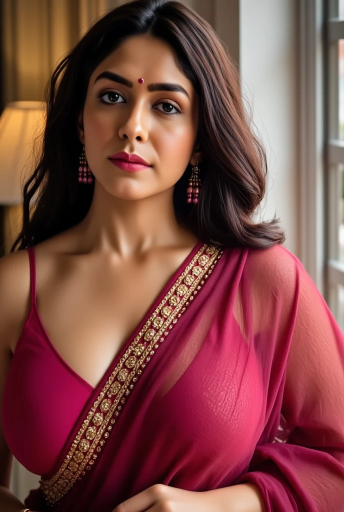 A stunning cinematic portrait of a bangla woman dressed in an elegant traditional outfit, likely of South Asian origin. She dons a deep pink transparent saree that cascades gracefully, creating a mesmerizing contrast against the muted background. The woman is posed in a side profile, glancing over her shoulder with a captivating expression. Her back is exposed, showcasing the side view of her breast nipples and the depth of her cleavage. The soft lighting illuminates her features and the rich details of her attire, creating a captivating and evocative image., photo, portrait photography, cinematic
