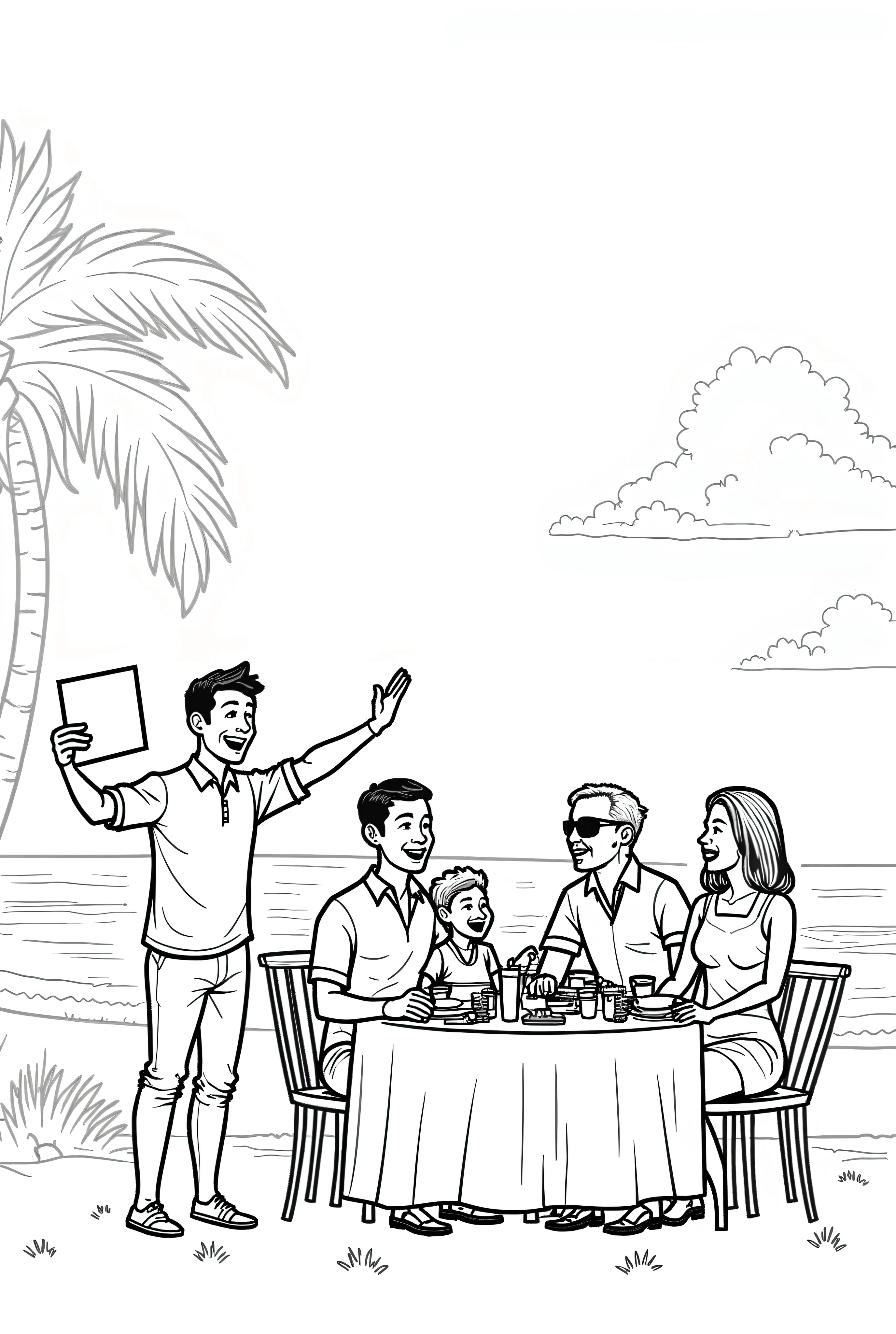 Add these changes in image more people in same line art style, more beach and restaurants details, people clapping, line art style, beautiful composition, people,