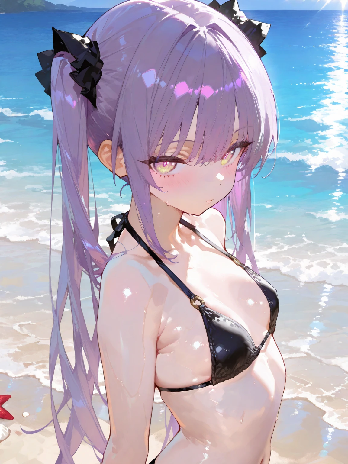 rezeroEmilia, Emilia,flower, hair flower, hair ornaments, Hair Ribbon, Long braids, (Purple eyes:1.2), Pointed Ears, white flower, x hair ornaments, smile,Open your mouth,White string bikini swimsuit,barefoot,Wet Hair,Wet Skin,Wet Hair,Water Play,Daytime,Clear skies,True Summer,whole bodyがイラストに入るように,
break outdoors, Ocean,Beach,
break looking at viewer, whole body,(Cowboy Shot:1.5),
break (masterpiece:1.2), Highest quality, High resolution, unity 8k wallpaper, (figure:0.8), (Beautiful attention to detail:1.6), Highly detailed face, Perfect lighting, Highly detailed CG, (Perfect hands, Perfect Anatomy),