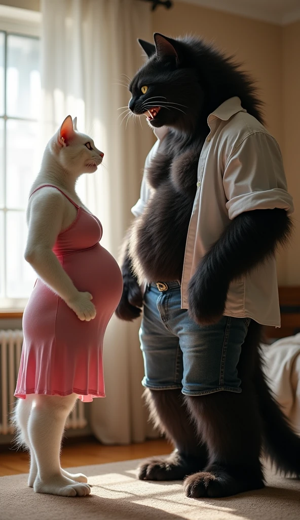 Adult Gray cat is muscular, he is like a human, his hands are like a human's. I went into the house and my wife is a cat, she is white, she is pregnant, they are going to the hospital