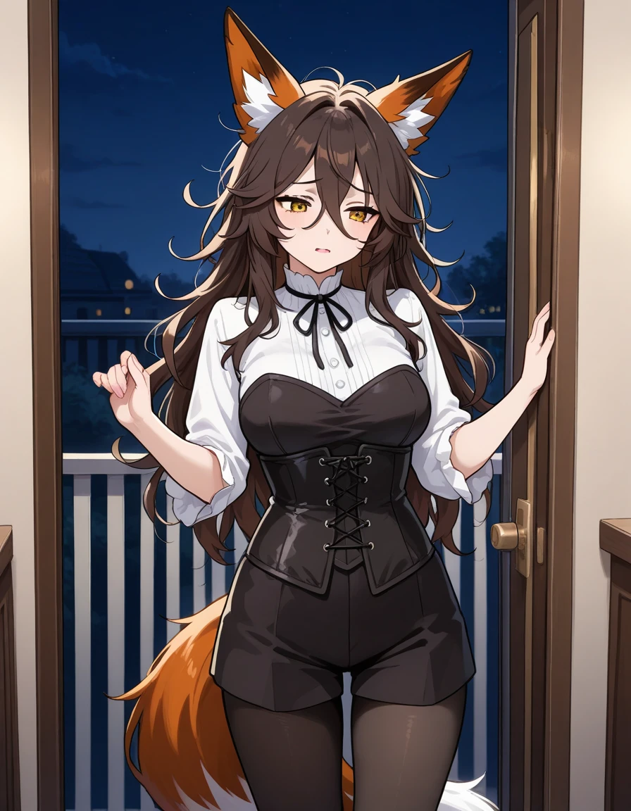 1boy, feminine, girly, foxboy, fox ears, fox tail, green eyes, brown hair, thick thighs, thigh highs, black mascara, wide hips, sexy, flat chest, white hoodie, beautiful eyes,