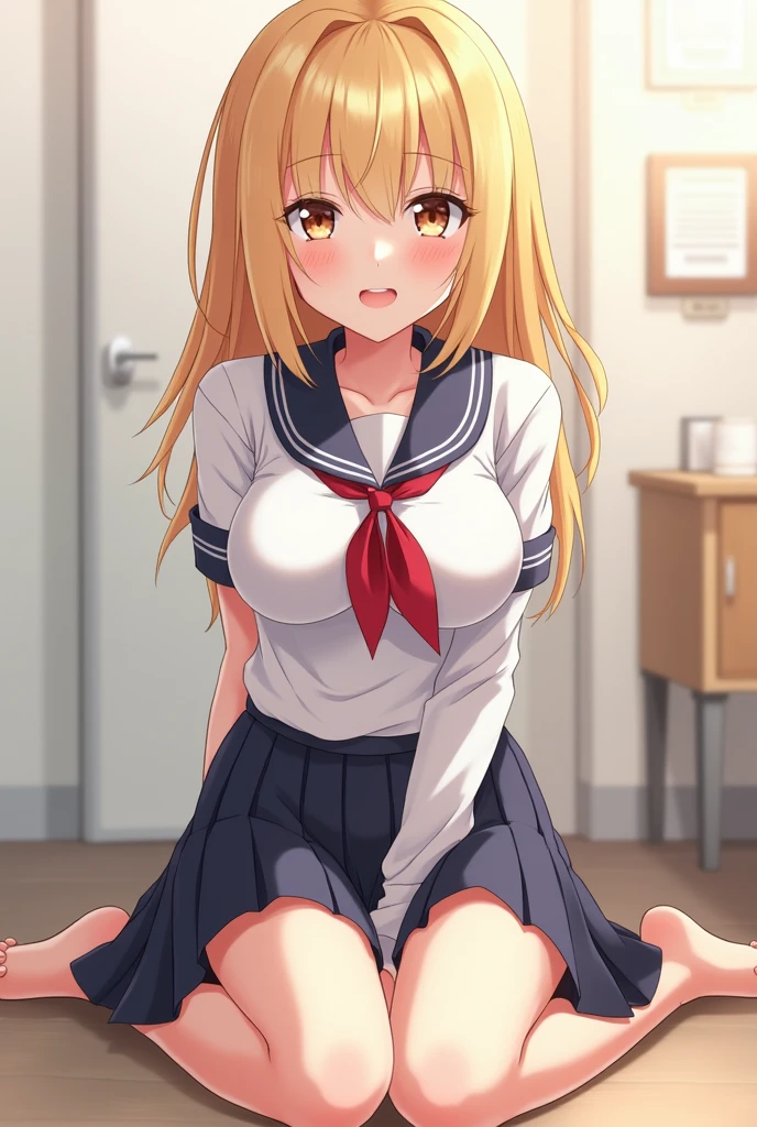 A blonde girl anime with curly hair and big breasts that is way to big for her frame, sits with her legs spread out in front of the camera, taking a realistic photo. You can see the outline of her pussy in her panties. She has on a mid length school girl skirt and a school uniform. She is mature with defined hips and large buttocks. Her legs being spread out makes her panties visible.
