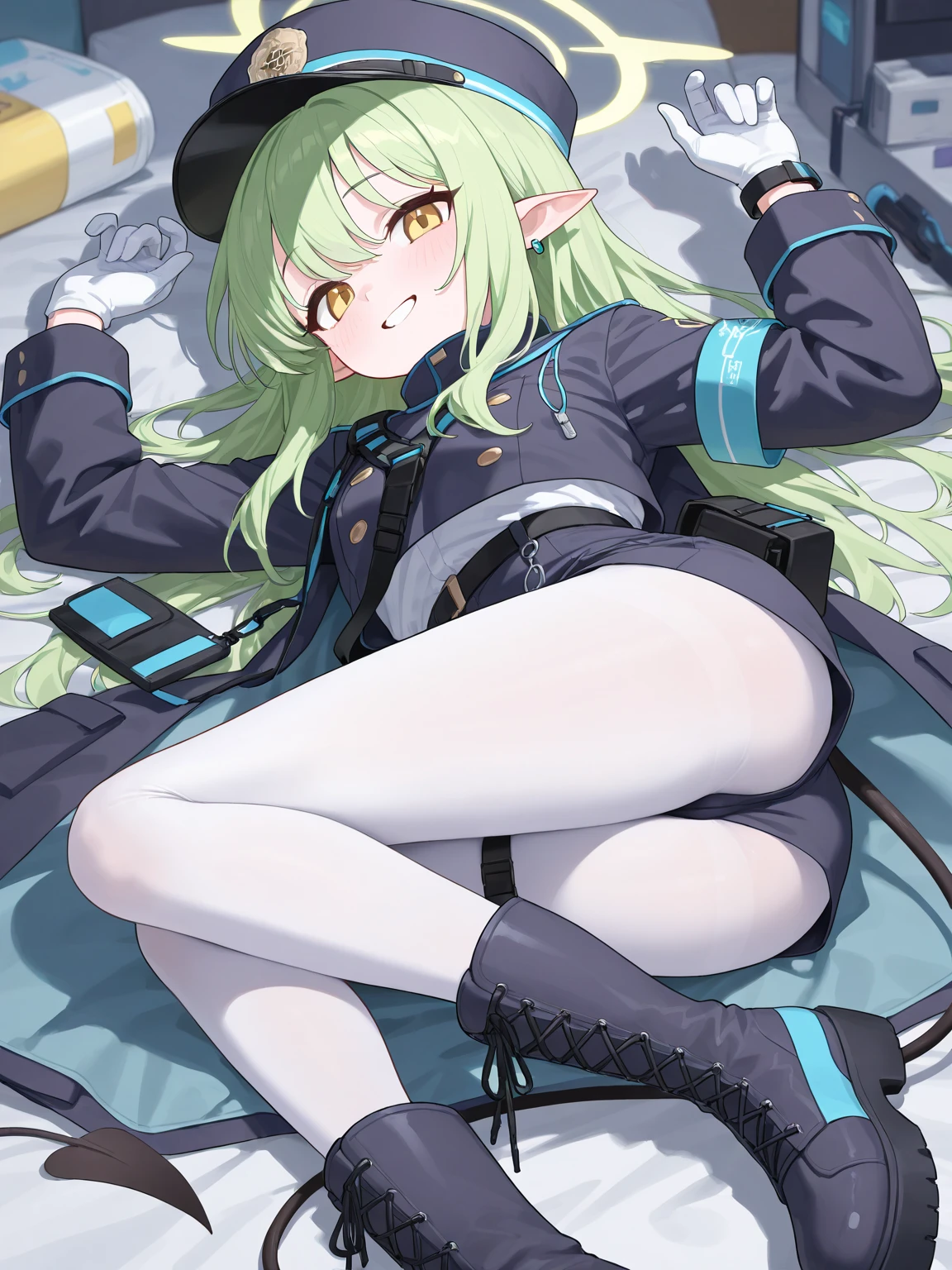 anime girl with green hair and blue uniform sitting on a table, , the anime girl is crouching, kantai collection style, twintails white_gloves, r /art, r / art, r/art, top rated on pixiv, ecchi anime style, marin kitagawa fanart, (anime girl), (sfw) safe for work