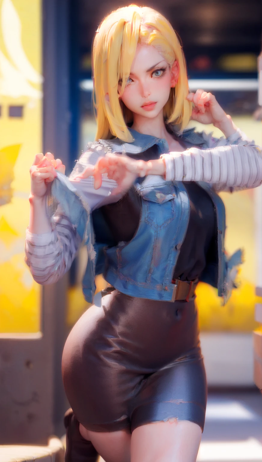 dragonball z、1girl, Tall、evil grin, Sweat、((Artificial Human Room No. 18)), ((Denim vests))、開いたベスト、A black long-sleeved cropped T-shirt with striped sleeves.、The shape of the chest is clearly visible、breasts, Cleavage、(thighs), Brown belt、((Denim mini skirt))、((black lace panties))、Forehead、 Medium Bob、blonde、Slender、((close up crotch)), Thighs、(martial arts tournament)、footjob, (she is standing and footjob), One leg raised、foot、黒いストッキング、