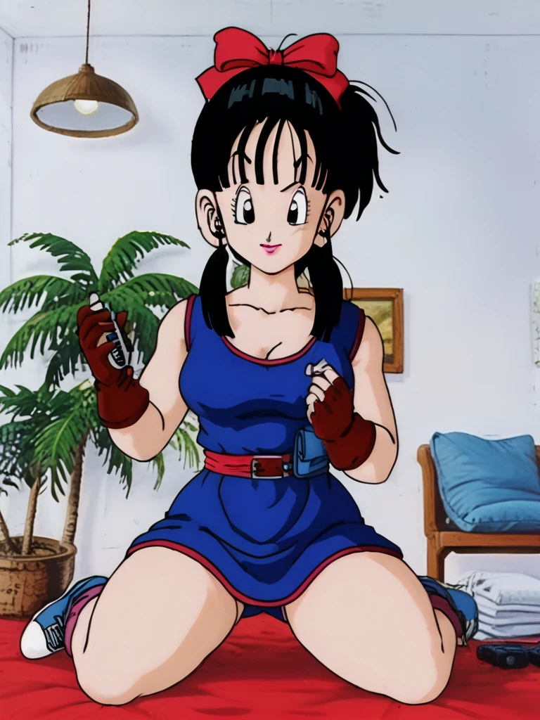 PonyScores7, zPDXL3, zPDXLpg, 4kPhoto_PDXL, source_anime, (((best quality, masterpiece, high quality, detailed, detailed facial features, ultra-detailed))), (((perfect and beautiful anatomy, face, eyes, noose, mouth, lips, teeth) BREAk 3girls, bulma \(Dragon Ball\), aqua hair, blue eyes, belt, gloves, dress, bow, ribbon, hair ribbon,braid, hair bow, scarf, tree, single braid, clothes writing, brown gloves, single glove, braided ponytail, pink dress, purple scarf, character name, socks, boots, BREAK Videl, \(Dragon Ball\), pigtails, white shirt, bike shorts black hair, green boots fingerless gloves, BREAK chi-chi \(Dragon Ball\), aged up, long hair, bangs, black hair, ponytail, sidelocks, blunt bangs, black eyes,blue dress, red pants, sleeveless dress, chinese clothes, red wristband, china dress, red sash, white leg warmers, shoes, BREAK makeup, red full lips,voluptuous, hourglass body shape, oval face shape, (((big breasts, cleavage))), small waist, big ass, round ass, wide hips, thick thighs, shapely thighs, [fit|toned|muscular] female body, [athletic|defined curves|slim waist], smile, sensual, studio, broadcasting studio, indoors, loaded interior, podcast, interview, photorealistic, cinematic lighting, professional portrait, realistic skin tones, detailed facial features, intricate hairstyle, confident expression, sitting in front of studio backdrop, holding microphone, elegant dress, natural lighting, warm color tones, dramatic shadows, camera lens blur, high-end digital art, studio lighting,8K,HDR,((digital art style))