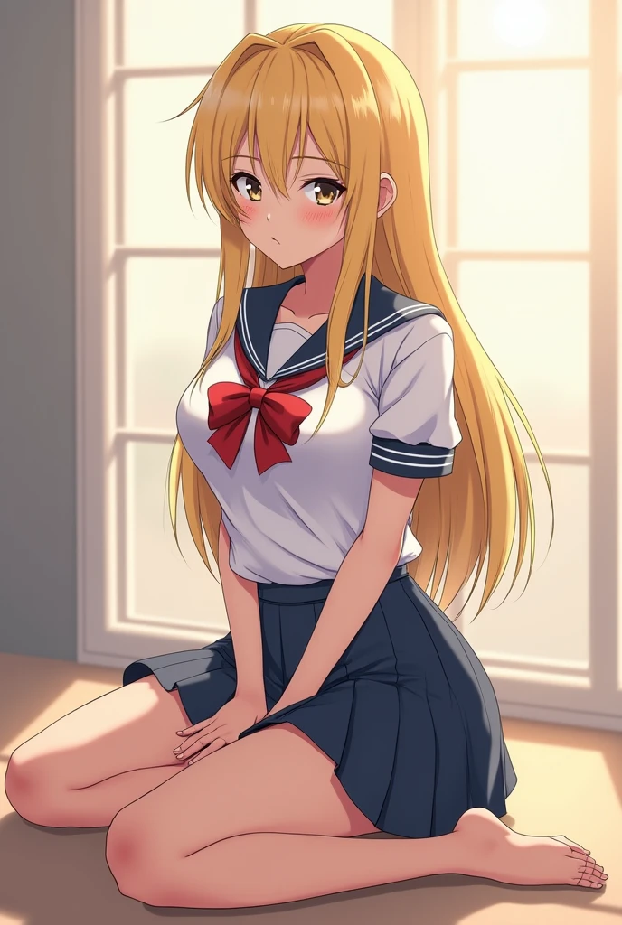 Girl Sailor uniform、bottomless、Blonde、Twin tails、Small breasts、Embarrassed、anger、School classroom