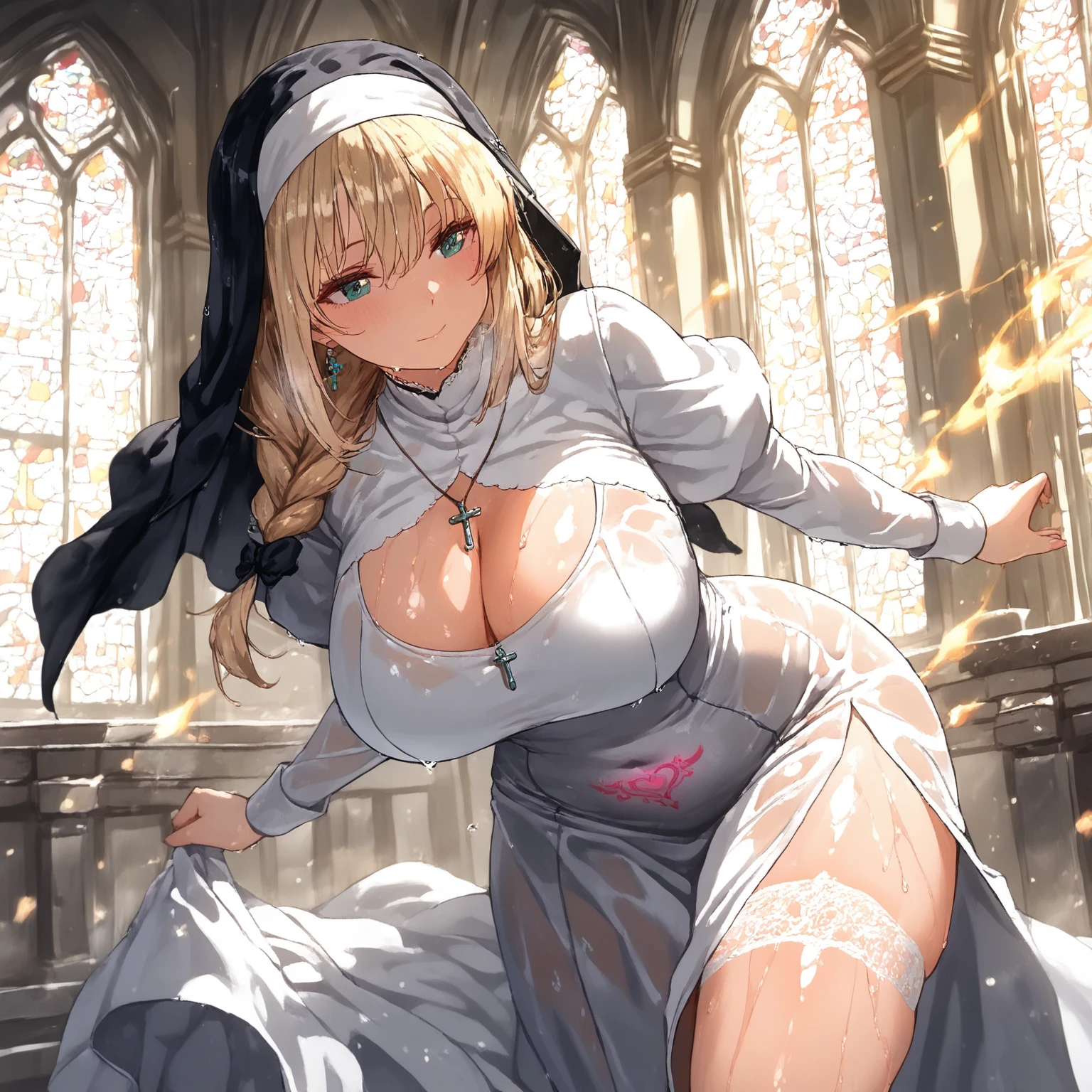 (((mature woman and boy,nun))),((intense orgasm:1.2)),(tears:1.2),(Sweat:1.3),((at the church:1.1)),(button-down,wearing lace shirt),(clothing),((Squint eyes:1.3)),(embarrassing,blush:1.3),white haired woman,,red eyes,((boy grabs a woman's breasts:1.0)),((panty shot:1.0)),(gray hair,red eyes) ,Gold Shirt:1.1,(Latex clothing:0.8),(at church),(embarrassing,blush:1.3),(orgasm:1.3),(ecstasy:1.3) ,(huge breasts:1.0),(Breasts spilling out of a white bra:1.1),((vapor:1.2)),masterpiece,highest quality,very detailed, dynamic angle,((perfect hands)),detailed shiny skin,fine eyes),amazing background,meaningful background,absurd background,artistic overlay, and colorful hair.The style is surrealism,cinematic lighting,ray tracing,sacred light,open legs