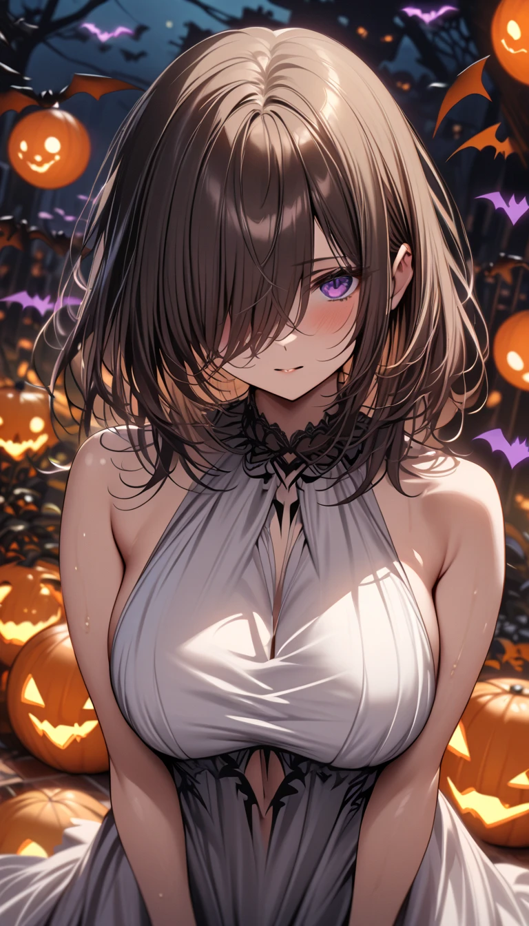 In a pitch-black city、A jack-o'-lantern dimly lit by an oil lamp. A jack-o'-lantern floating in the dark night city、Makes you feel scared.Artist uses blotting ink、Blurred image borders, Combination with delicate brushwork、Expressing the details of a picture. It's incredibly beautiful. Beautifully expresses the shades of black ink.