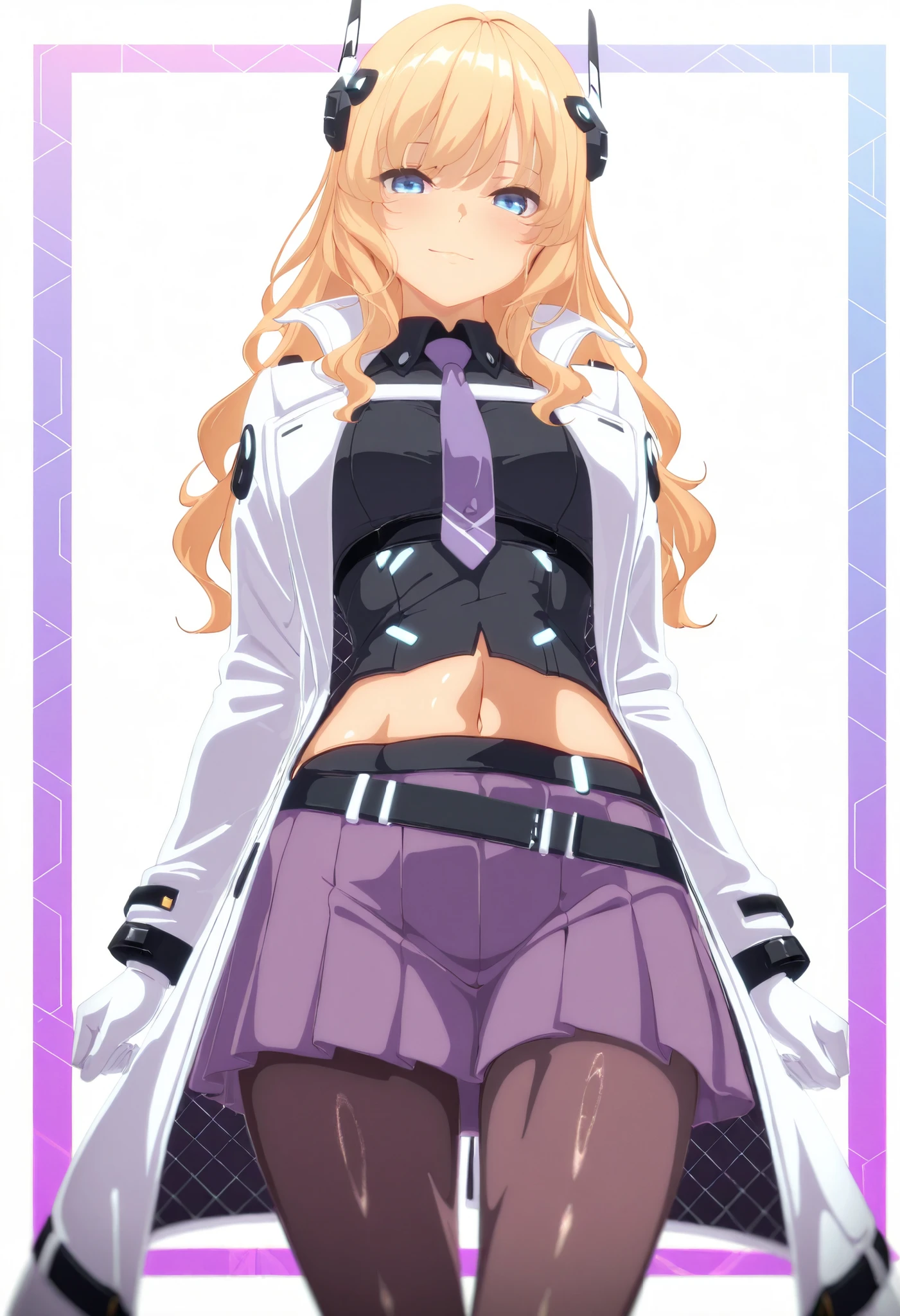 (blonde hair, very long hair, sidelocks), (eyes with a mix of yellow and blue irises:1.5), two-tone eyes, multicolored eyes gradient eyes, white and blue jacket with constellation prints, (best quality,4k,8k,highres,masterpiece:1.2), ultra-detailed, portraits, (HDR:1.1), (vivid colors:1.1), (studio lighting), (bokeh), (highly saturated colors), (soft lighting), (detailed background), (subtle shadows), (ethereal glow), (pastel color palette), (delicate details), (crisp focus), (fine brushwork), (exceptional artistry), (masterpiece-worthy), (awe-inspiring), blonde hair, very long hair, sidelocks, (eyes with a mix of yellow and blue irises:1.5), two-tone eyes, (multicolored eyes:2.0) (gradient eyes:2.0), white and blue jacket with constellation prints, (metallic skirt), (pantyhose:1.25), (smirk:1.25), (smug:1.25), (naughty face:1.5), (mischievous:1.25), futuristic clothing, (science fiction setting:1.5), high-tech, glowing eyes, (unicursal hexagram-shaped irises:1.5), (cowboy shot:1.5), glasses, small glasses, thin glasses, rectangular glasses, small breasts, glowing clothing, (hologram armband1.5)
