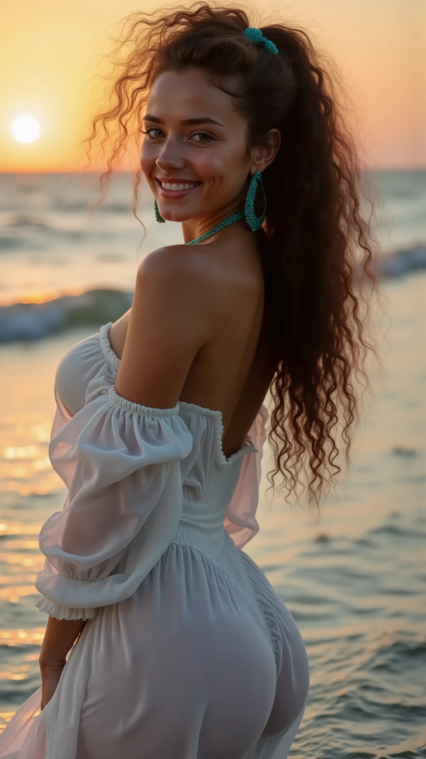 A 22-year-old woman with an elegant appearance. A 22-year-old model posing on a seaside promenade at sunset. The sun is setting in the background, casting a golden glow over the scene. My long, wavy chestnut hair cascades over my shoulders and frames my face, highlighting my green eyes. My full, dark red lips are shaped into a smile. My button nose is sprinkled with freckles, contrasting with my tanned skin. My eyebrows are thick and dark, giving me a seductive look. My cheekbones are high and defined, and my eyelashes are long and curled. My curves are accentuated. My pose is elegant and relaxed, with my body facing the camera and my face turned to one side. I’m wearing a light summer dress that flutters in the breeze. My hair is loose, and my makeup is light and natural. The shot is taken from a distance, with the camera positioned slightly lower to emphasize my beauty. There is a warm, romantic atmosphere, and I am laughing and smiling, looking happy. My teeth are white. My hands are not in the frame. The photo quality is from an iPhone 13.