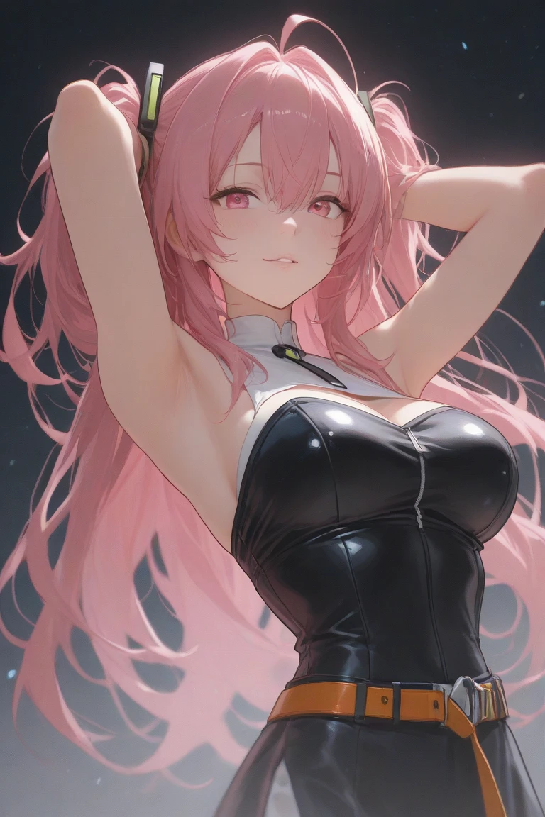 ((Upper body photo))、Cute face、Pink Hair、Long Hair、Twin tails、White skin、((Shooting from the front:1.5 ))、((Tight black leather suit:1.5)), ((Big Breasts)), Pointed nipples, masterpiece