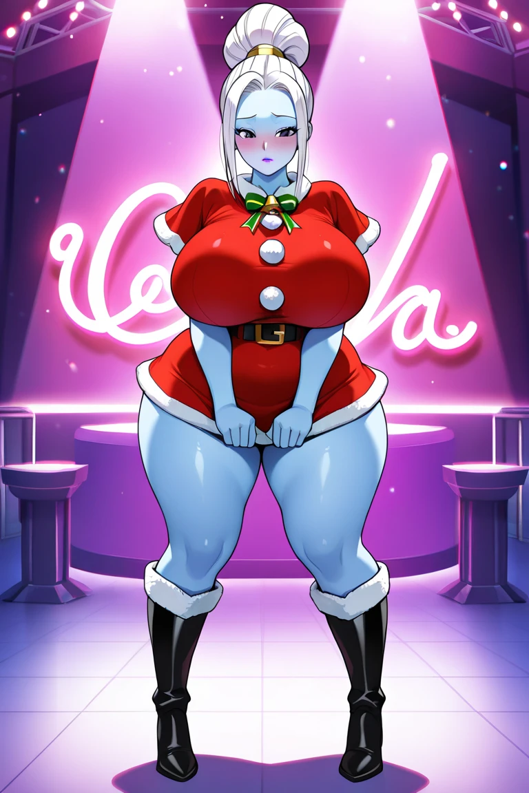 8K, high quality, animated drawing, married woman, beautiful, clean, described from head to waist, bright, highlights in eyes, purple eyes, sexy, super big tits, oversized boobs, erotic, blue skin, blue and orange gradient fins, dark makeup,
Sitting, crouching, red pants, shiny outfit, blue skin, white hair color, purple eyes, net tights on legs, red high heels, pink bedroom background, red underwear pants,