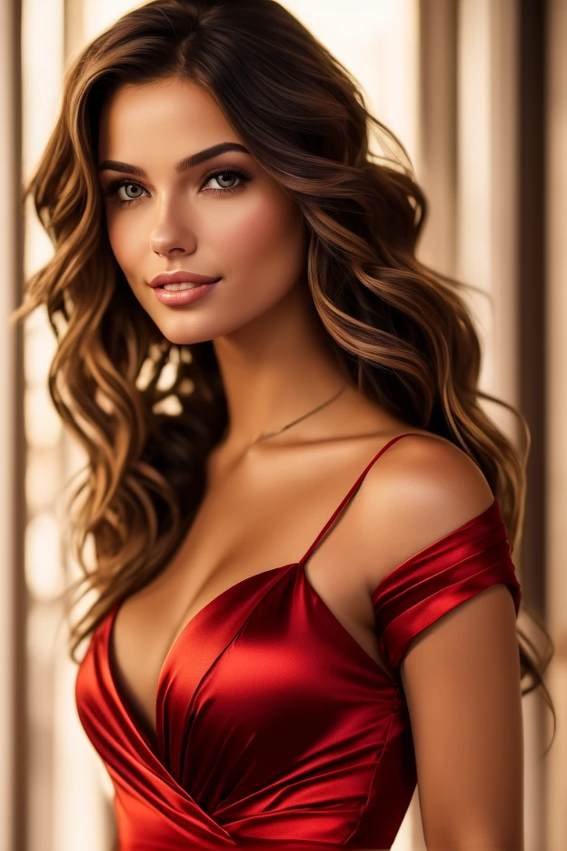 1girl,solo,long hair,breasts,looking at viewer,brown hair,dress,cleavage,brown eyes,jewelry,medium breasts,collarbone,upper body,flower,red hair,earrings,parted lips,necklace,blurry,lips,plaid,makeup,wavy hair,nature,curly hair,realistic