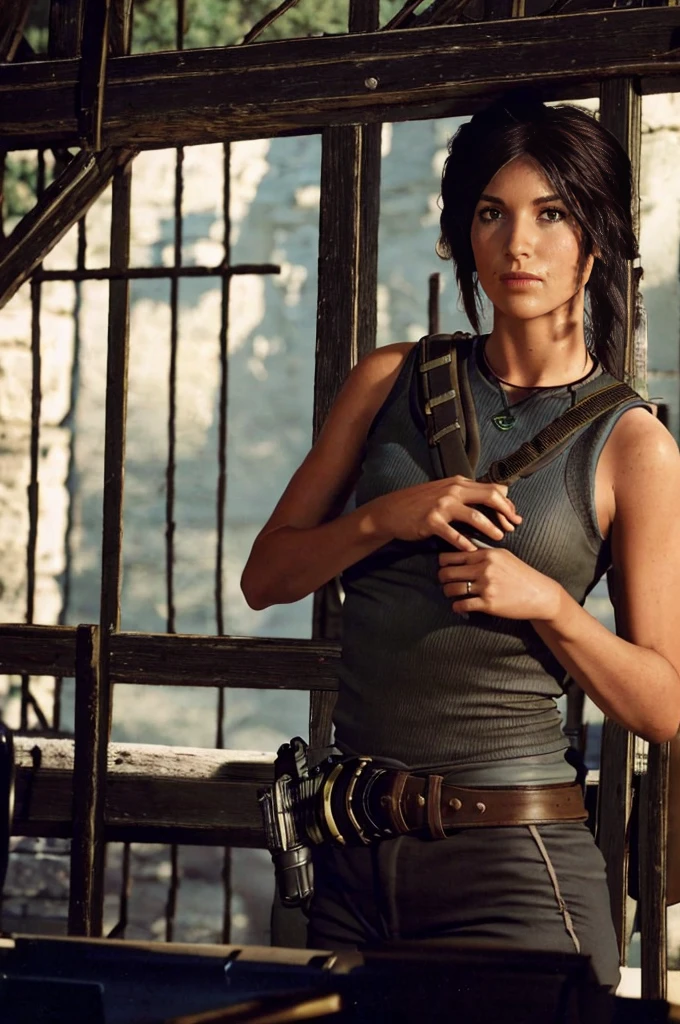 medium shot, photo of skswoman, Standing tall pose, long_hair, black_hair, weapon, braid, shorts, belt, short_shorts, single_braid, dual_wielding, holster , in tavern, looking contempt, (look at viewer:1.0) (skin texture), Fujifilm XT3, DSLR, 50mm, <lyco:Sara Sampaio:1.2>