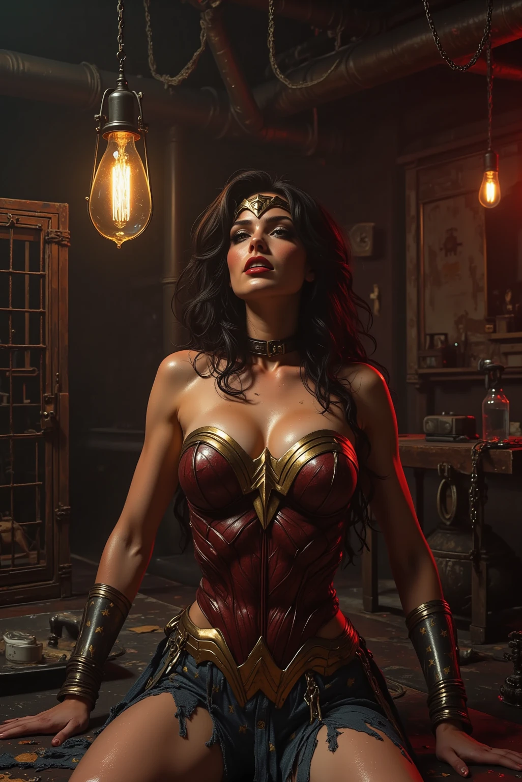 Visualize Wonder Woman in a midjourney setting, where she's taken on the role of a prostitute. She's sitting in a private booth of an exclusive club, her expression thoughtful yet composed. She's dressed in an elegant gown that incorporates elements of her traditional costume, suggesting her dual identity. The background is a lively mix of music, dancing, and conversation, all captured with a heightened sense of realism.