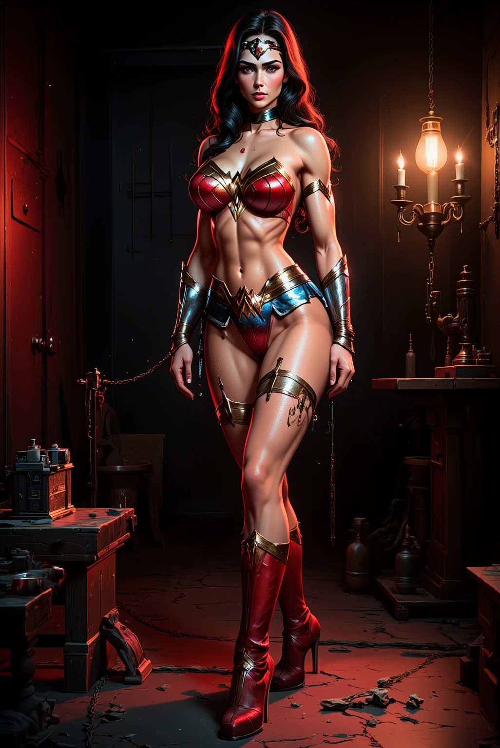 (masterpiece, best quality, 4k, 1solosqueleton with skull head and golden armor, smile, plain background:1.2) perfect face, perfect lighting, mature with gloves red gauntlets in her hands like Cammy White from Street Fighter, bob white hair, warhammer 40k power armor suit with loincloth, red eyes like rubies, full body GOLDEN armor, view from below, looking to the viewer, arms to the sides empty hands, RED military boots, silver skull ornament attached to crossing 2 belt wide hips, 2 long legs