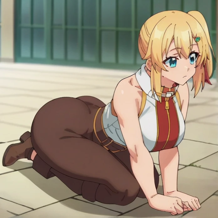 realistic, (4k), Depth of the bounds written, (masterpiece), (realistic skin texture), very detailed, Complex, very detailed, professional photography, Bokeh, High resolution, sharp details, highest quality, goblin, black dress, strapless dress, blonde hair, twin braids, long braids, gold belt, Black arm guards, bangles, yellow eyes, (goblin wings), black earrings, (squat), winter, snow, snowing, outdoor, snow covered trees,