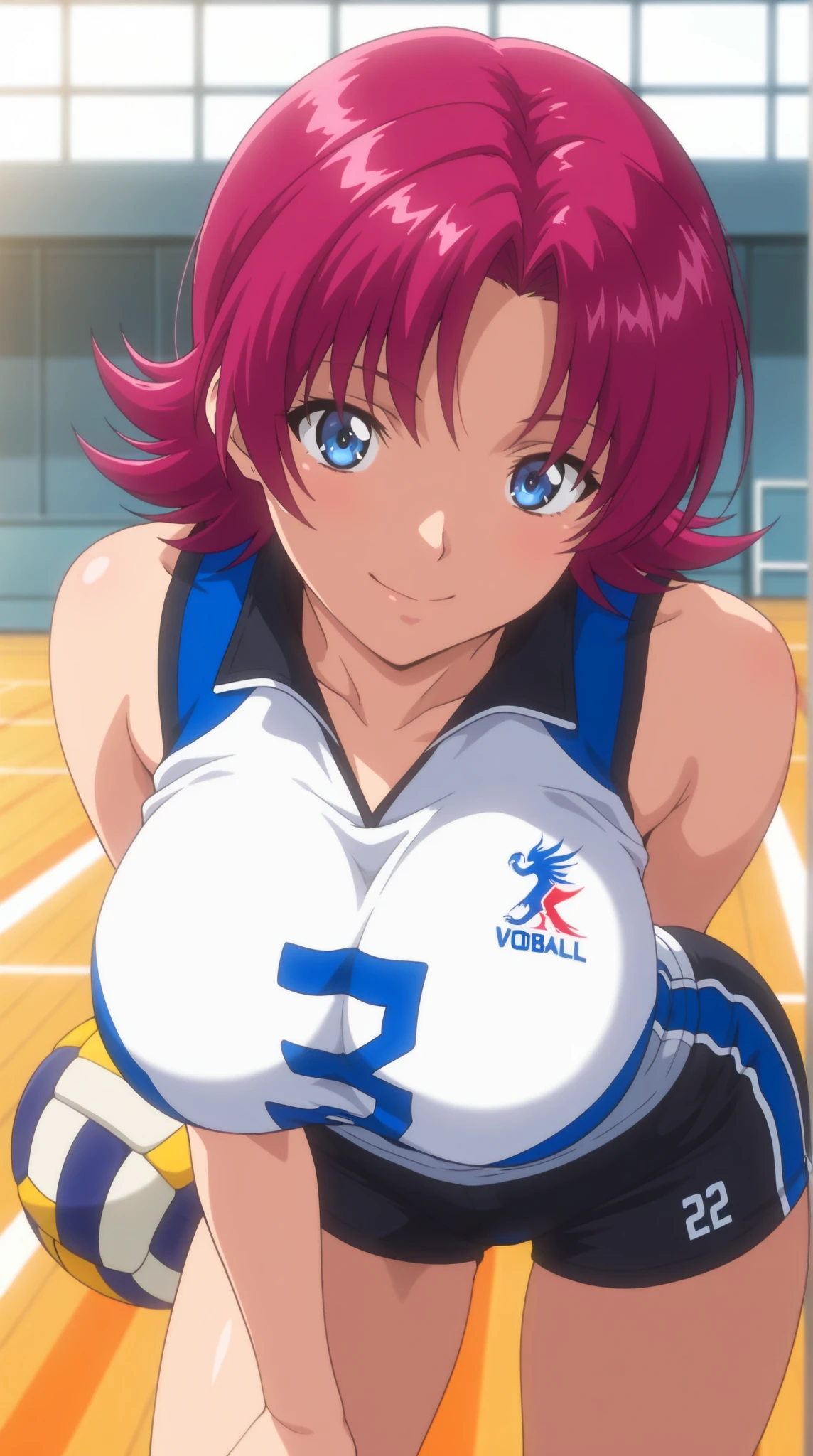masterpiece,best quality, unreal engine, ultra res, extremely detailed,
1girl, waist, slender, (muscular:0.5)
<lora:Style_hews_style:0.4><cutesexyrobutts_v2:0.4><lora_puuzaki-puuna-lora-v1:0.2>
<lora:Concept_Round_Breasts_V7:0.4>
ROUND BREASTS, large BREASTS
smile, watching at viewer, parted lips,
sexy pose, standing,
waist shot, cinematic angle
gym
(anime style, key visual,:1.2)
<lora:Yae_Kaori:0.6>YAEKAORI, PURPLE HAIR, SHORT HAIR, GREEN EYES,
<lora:volley2_2LORA-DAD:0.6>VOLLEYBALL UNIFORM