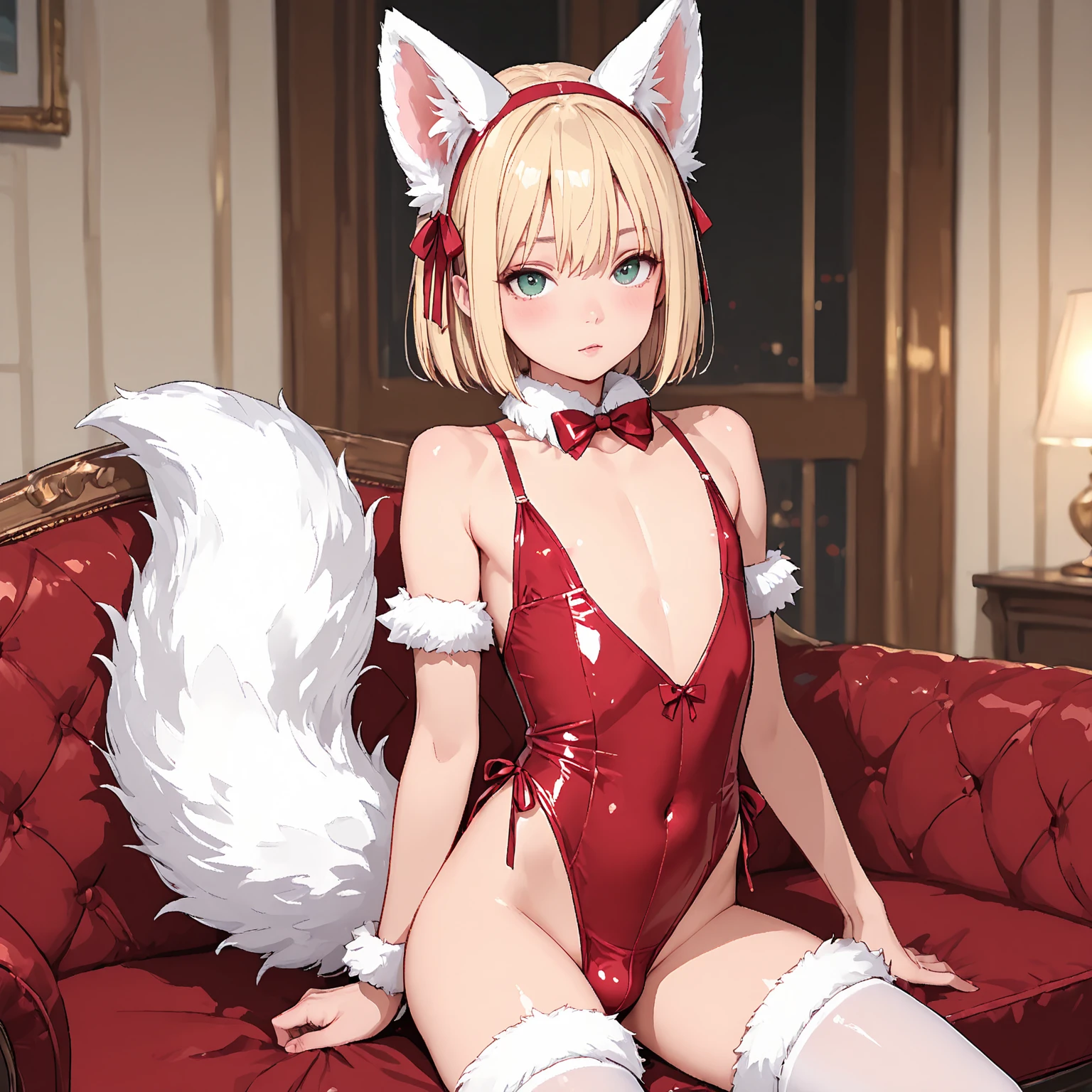 One, check_9, check_8_up,check_7_up, source_fluffy, Catboat, Anthro fluffy feline girl, tall body, hourglass figure, Adult woman, Blue eyes, silver fur, blonde hair with a ponytail, (striped tail), white sideburns, pink nose, wear elastic underwear, translucent underwear, ((paws in sexy stockings) (fully covered legs in stockings)), she smiles, mouth open, you look relieved, sitting on a chair, in room, in the hall
