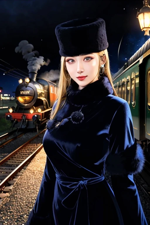 maetel, long hair, blonde hair,fur trim, black headwear, fur hat, dress,(cowboy shot:1.1), yellow eyes, (luggage:1.1), steam (train station:1.1),station platform, night, galaxy,999
best quality, highly detailed, masterpiece, absurdres,8k, (detailed eyes, deep eyes),photorealistic, realistic,detailed skin texture, detailed pupils,HDR,
1woman,(happy:1.1),smile, (angular face:1.2),shiny face,large breasts, (narrow waist:1.1), lip makeup,long eyelashes