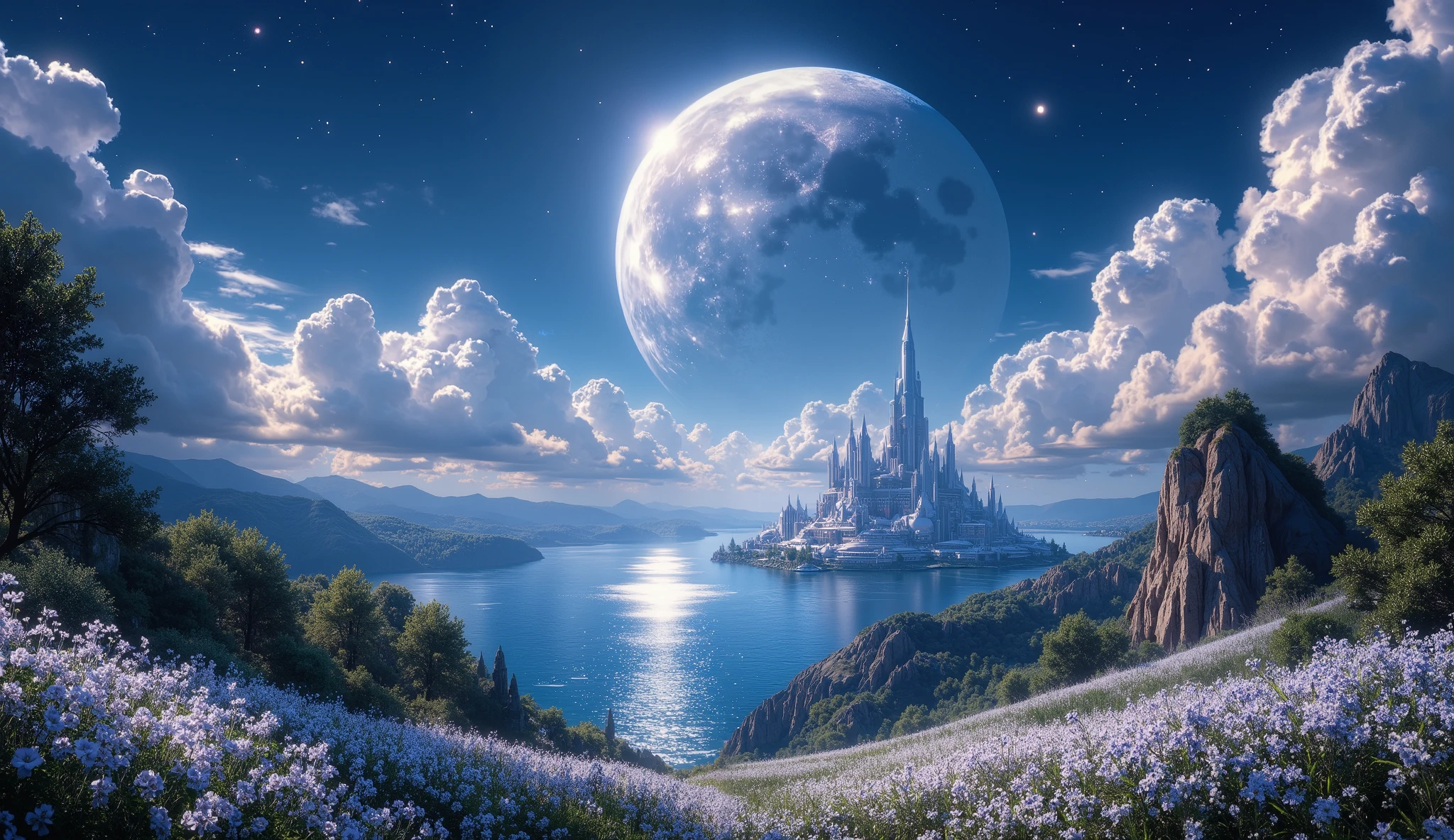 There is an image of a beautiful landscape with a giant moon, impressive fantasy 3D rendering,, an amazing magical city, a large ocean, a large forest of white flowers, a large number of clouds everywhere, a planet in the sky and stars, a very detailed magical city, beautiful forest of white flowers impressive color, clouds all over the landscape, a beautiful planet , wallpaper, 4k, HD, detailed, 8K, Background, arte digital 4k altamente detailed, renderizado octane de 8K estilo fantasía,