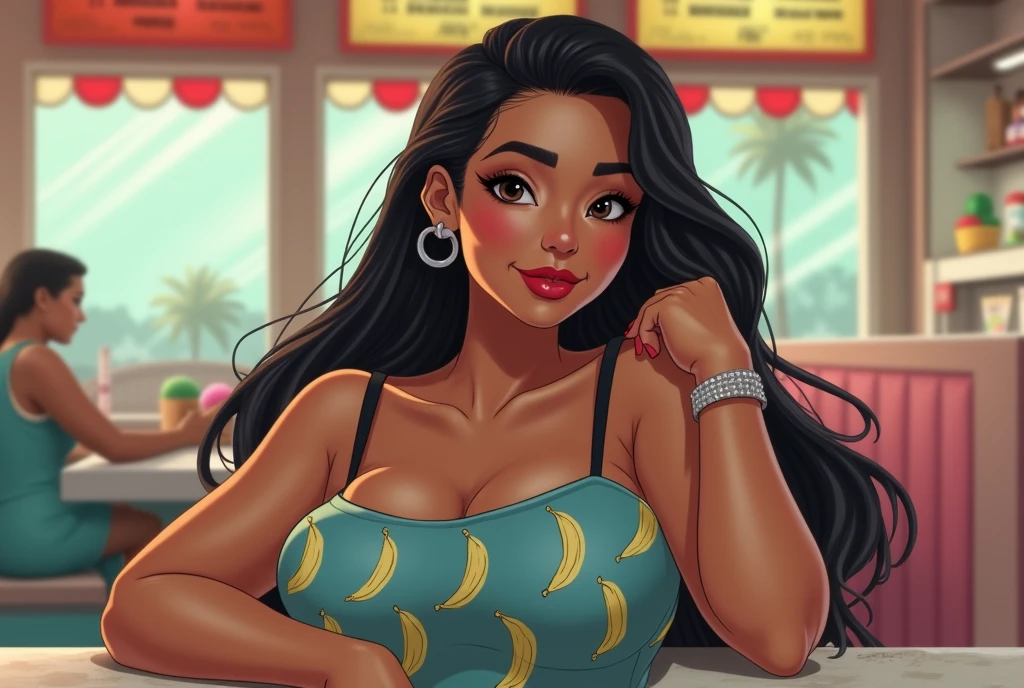 Femme metisse, peau brune, fille de 70 kilogrammes,Cheveux tressés , Assis dans un restaurant,Fermer, sourire, Atmosphère positive,spaghettis,Cola
