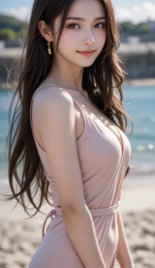 1 woman,brown dress,tolal body shot,whole body shot,white wall back ground,big brack hair with big bangs