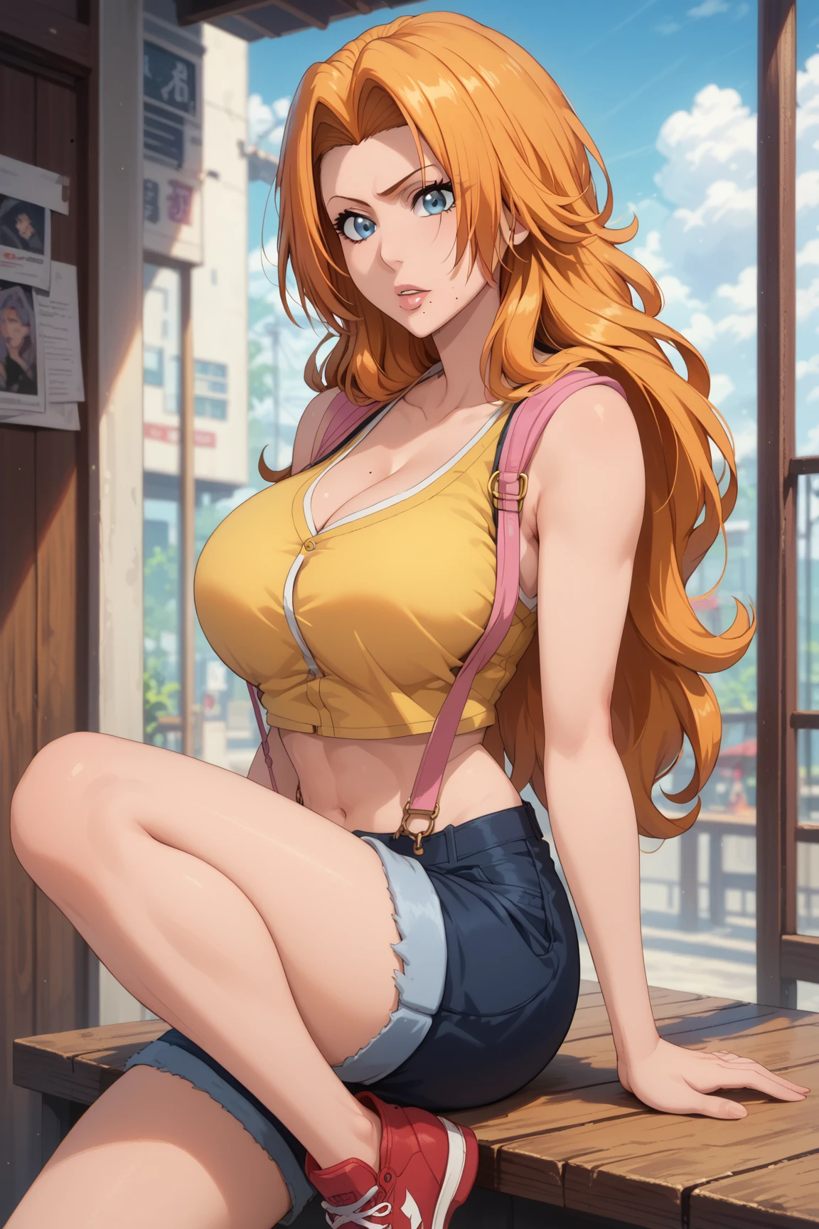 (bestquality,masterpiece) ,NamiOP, jewelry, smile, cleavage, earrings, bracelet, navel, short pants, jeans, :d, groin, holding, closed_eyes, sitting, blue_pants, blurry_background, solo_focus, blurry, food, fruit, orange_\(fruit\), holding_food, holding_fruit, mandarin_orange, ((jacket)), eyes open, ((open eyes)), look at viewer, face at viewer,