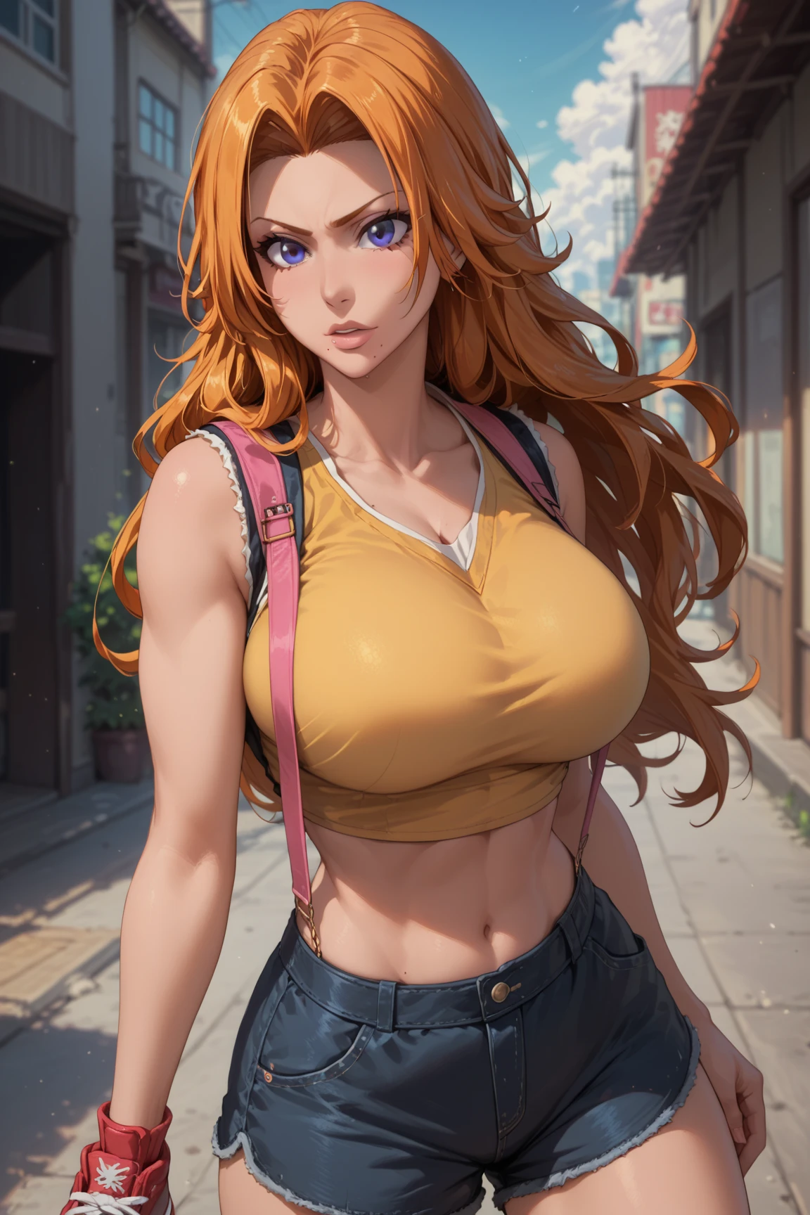 1girl, matsumoto rangiku, bleach,shirt,shorts,outdoor,masterpiece, best quality, absurdres,