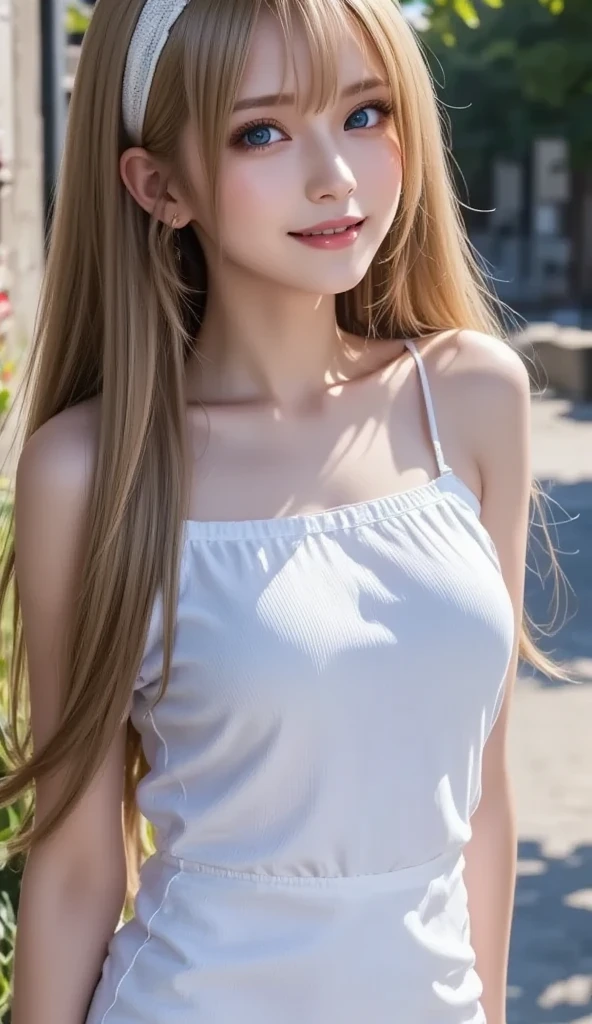 (8k, RAW photograph, highest quality, masterpiece:1.3),(Genuine,photograph:1.37),(Looking at the audience:1.331),Pause,One girl,とてもbeautiful顔,small,Hair weight,Fluffy hair,Random representation,Smile with the corners of your mouth,Big eyes,highest quality Hair,((highest quality)), ((masterpiece)), (detailed), whole body、wallpaper、Attention to detail、Perfect balance、Tight waist、Chestnut Hair、beautiful, Beautiful Skin、beautiful white skin、Russian Beauty、(masterpiece:1.3), 一眼レフphotograph、Best image quality: 1.4, (Rough long hairstyle:1.2)、Soft Breasts、Cleavage:1.4、Loose-fitting clothing,Stylish clothes