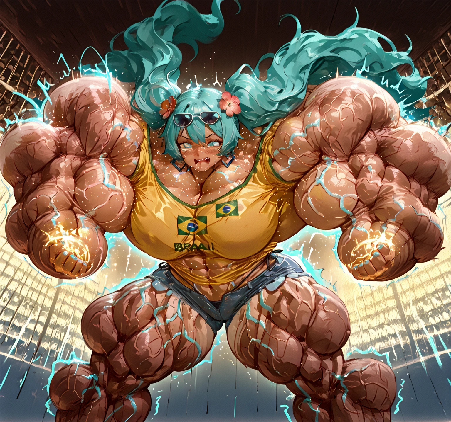 1980's, giantess, female, living inflatable, inflating 500 ft tall stocking_anarchy, makeup, extra long hair, earrings, halo, (American Football blue and gold uniform), (padded football pants with open fly), (blue and gold football cleats), (huge breast expansion), (muscle inflation:0.9), (hyper muscular legs), (hyper muscle:1.5), (blow bubble gum), pleasurable look on face while hands stroking penis, outdoor football stadium, running towards camera