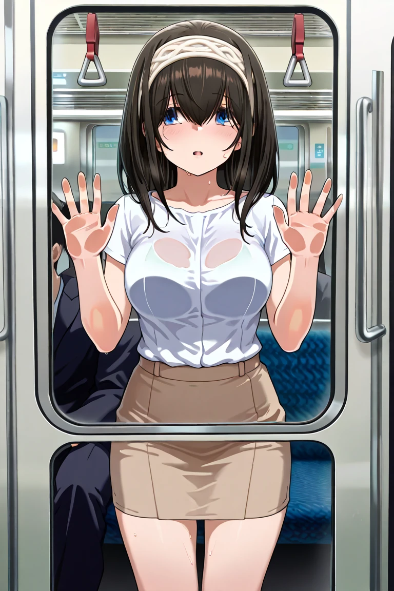 A Female robot is sleeping in forest, spread legs, nude, banzai pose. she wears no dress. She Brown short hair is tied with two big red clothespins, She lifts up the under hem of her white plain dress, leaning over, masterpiece, very short pigtails,brown hair, mature, android, blue eyes, full body figure, Height: 160cm, flushed cheeks, 2020s anime picture, A beautiful robot with short brown hair in two short pigtails held up by two very large huge red clothespins, Uplifting, No NSFW, whole body, barefoot, archaic smile, getting orgasm, 25 years old, sweat bucket. She wears metal flamed glasses. Her vagina looks like tentacle.