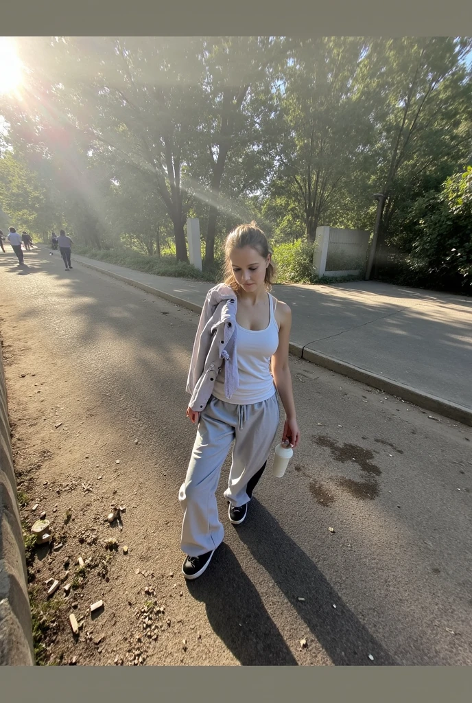 A young girl with dirty adidas shoes, cute style, short skirt in white color, weet, photorealistic, morning color palette, lush, full length, shoot on leica, 4k, realism with a background of a misty forest, more photorealistic , with falling rain