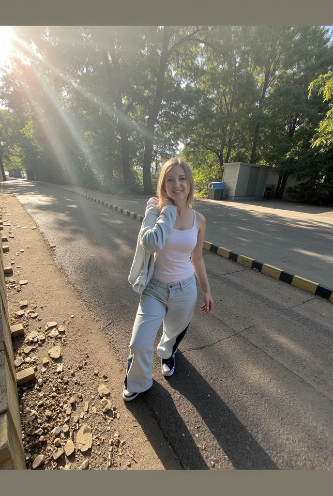 there is a young girl standing on a sidewalk with a skateboard, standing in road, distant full body view, standing in street, full body picture, standing in township street, taken with a canon dslr camera, candid picture, standing in a city street, candid photograph, standing in the street, wearing pants and a t-shirt, taken with sony alpha 9