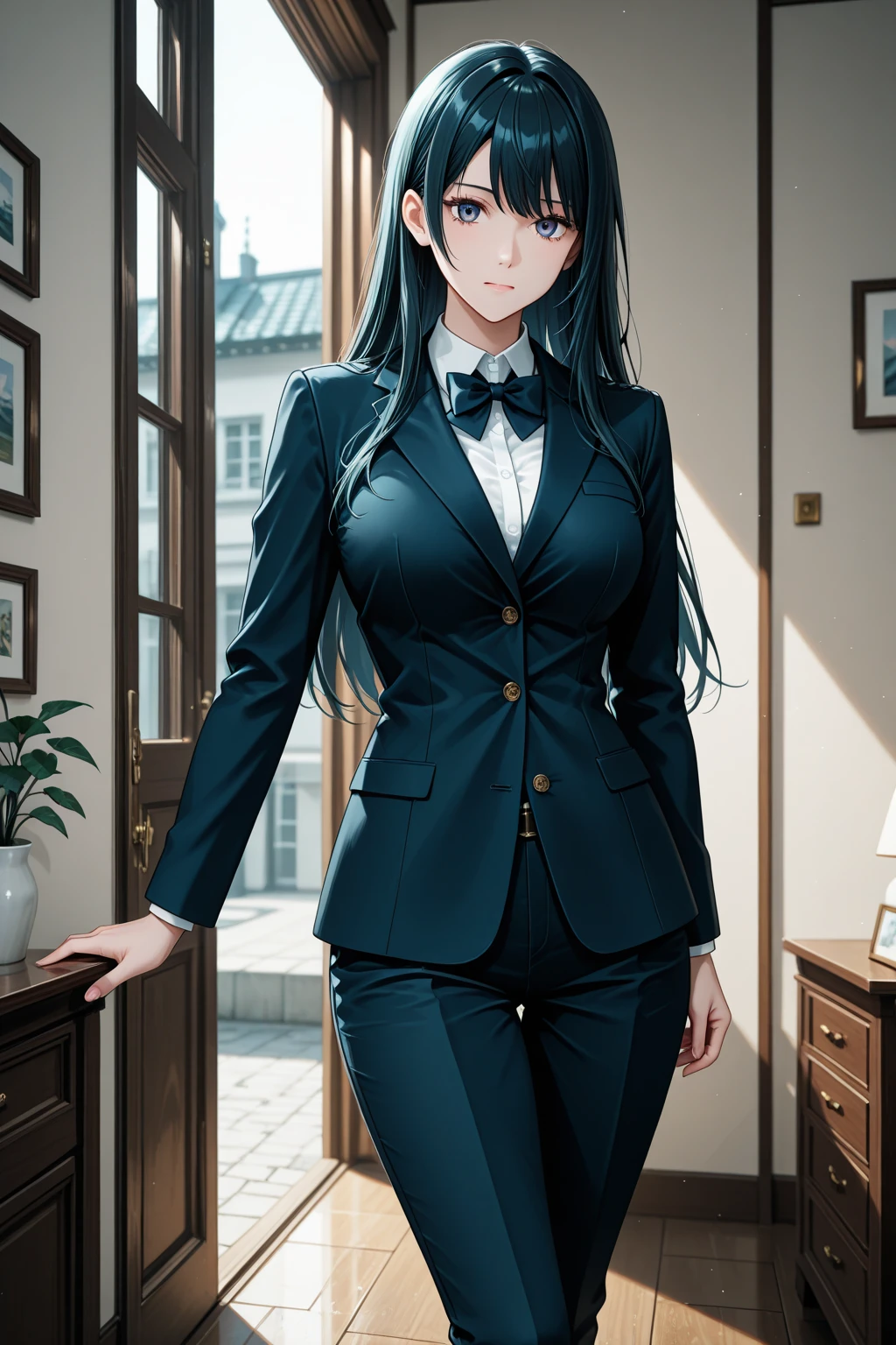 masterpiece, best quality, 1girl, solo, vanwinkle, standing,  female focus, blue eyes, messy hair, suit, glasses, necktie, big breasts, teeth, [[closed mouth]], formal, smile, simple background, pants, ((arms behind back), looking at viewer, indoors, standing, closeup,  boob window, large breasts, face focus, closeup shot, black tuxedo suit