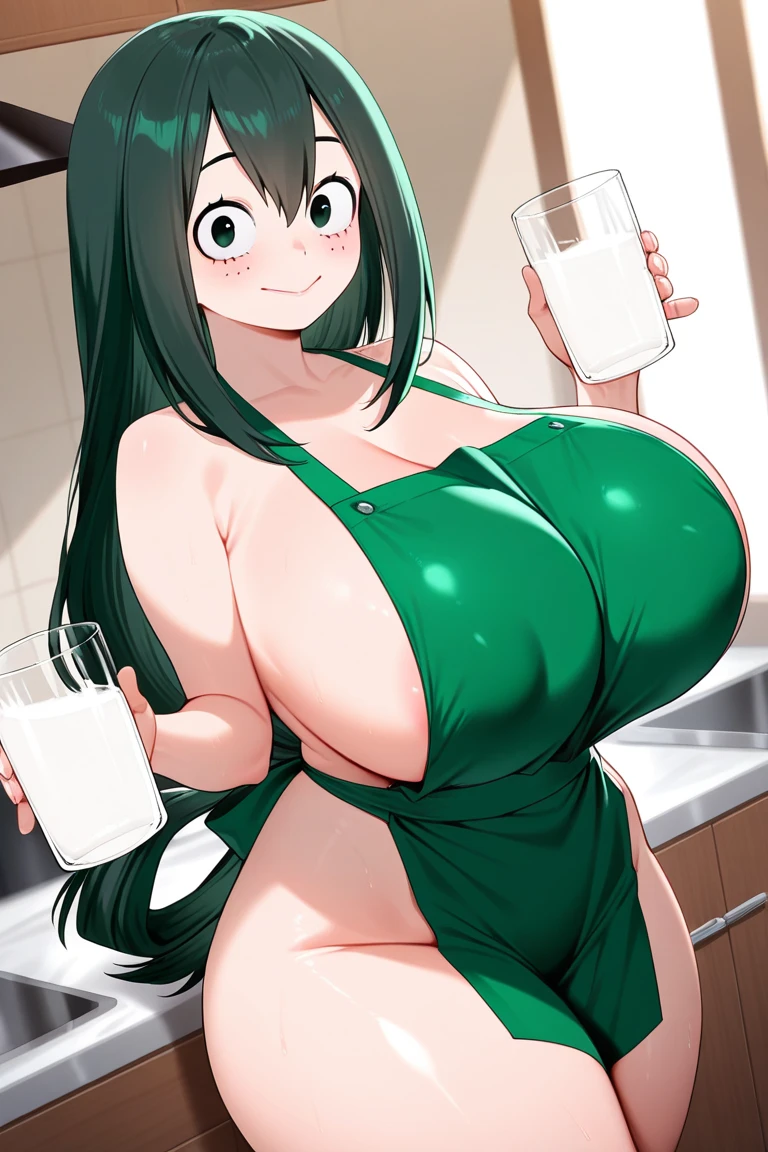 cute anime girl, large breasts, light skin, black hair, ponytail hair, green eyes, naked, wide hips, large ass, erect nipples, pointed nipples, curvy body, green nipples, spreading ass, asshole showing, anime girl, breasts squirting out milk
