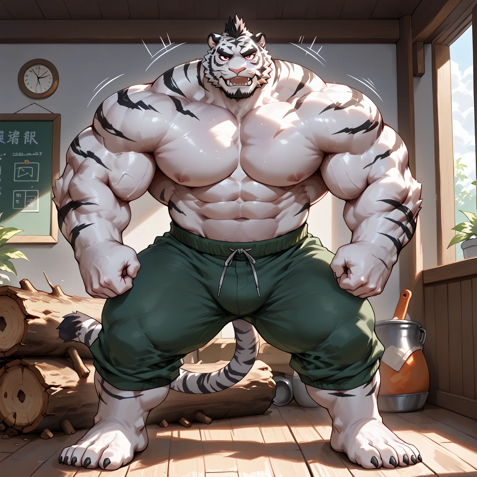 A white-haired muscular old man, muscular, Excessive body hair, white body hair, The upper body is nude, Wearing Fundoshi on the lower body, Sweating all over the body, Fundoshi becomes transparent when wet with sweat, Does not contain any nsfw content, No content that causes blocking, Bodybuilding Muscle, Muscle tightness, Arms wrapped in bandages, Cat's ears on the head, Use your whole body, Seductive demeanor, Put hands behind your head, white hair, wet hair, tengu mask, mask on head, scar on cheek, wide eyes, eyeball, glaring, animal ears, cat ears, evil smile, smile, grin, smile, licking lips, open mouth, tongue out, v-shaped eyebrows, expressions, seductive smile, doyagao, smirk, full blush, heavy breathing, smug, drooling, happy, laughing, saliva trail, saliva trail, fang, excited, facing another, anger vein, rape face, evil, determined, messy hair, high detail, UHD, masterpiece, ccurate, anatomically correct, textured skin, super detail, high details, high quality, award winning, best quality, highres, 1080P, HD, 8k,solo,1person,real,Japanese,safe for work,completely sfw,beard,beard, temple, Full body portrait, The whole body appears in the painting, Full body picture, The whole body from head to toe appears in the painting,Squatting on the ground,No pornographic content that would cause blocking, Subtle Sexy, Sweat odor,Aggressive gaze and demeanor, Put your hands behind your head, Show your armpits, Beard and body hair are not white, Armpit Hair, steam, Detail of the feet, Eyes of detail, eyes wide open, Mouth details, Details inside the mouth, mouth wide open, heart-shaped pupils, heart-shaped eyes,Stick out your tongue, The spit of details, Drool for details, Put his hands behind his head and squat, Detailed underarms,Raise both arms to expose the armpits, His hands are behind his head, His hands were crossed behind his head, exposing his armpits., Stick out your tongue, Axillary manifestations, Saliva performance, Not too sexy, no blocked sexy