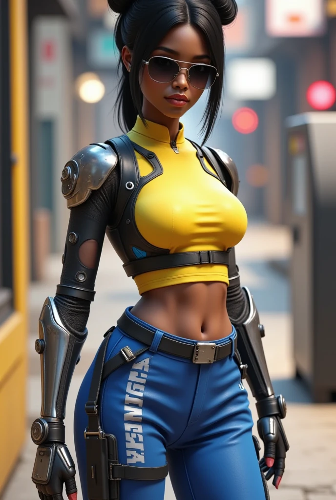 (Teyonah Parris) as Jacqui Briggs from Mortal Kombat, black long braids, brown eyes, blue crop top, black shorts, midriff, navel, standing, on the rooftop, (insanely detailed, beautiful detailed face, masterpiece, best quality), cinematic lighting, 1woman, solo, full body view, front view, looking at viewer, intricate, high detail, sharp focus, dramatic, photorealistic painting art by greg rutkowski