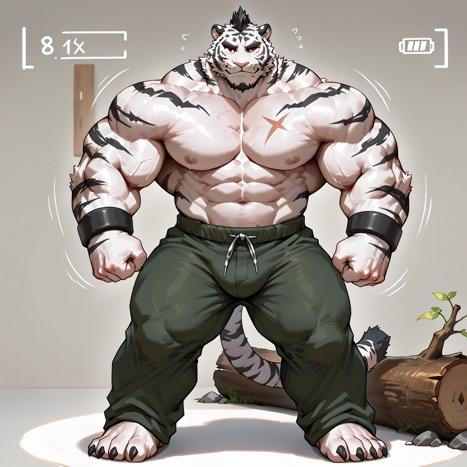 brutalmass, furry growth, big Bulge hyper growth, hyper muscles, a cat, blue, cute cat, shirtless, white shorts, muscular, on a gray background