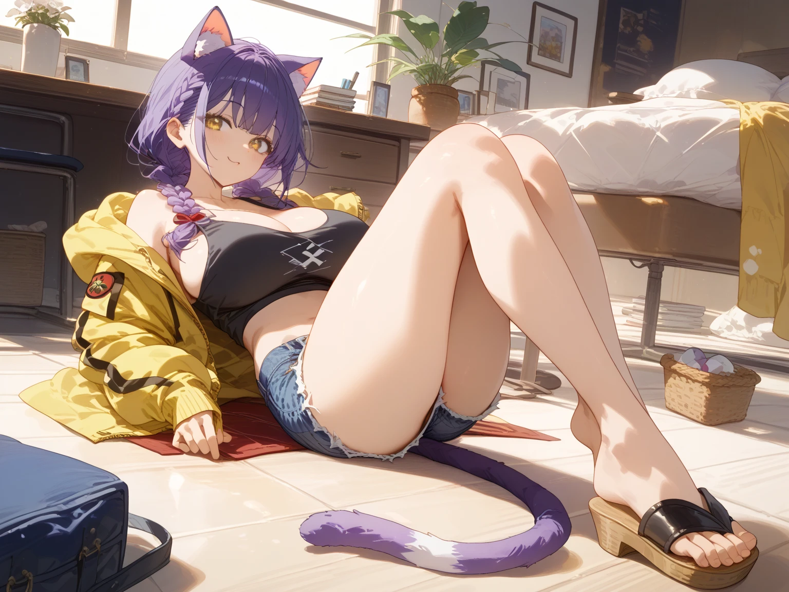 Cat ear, alone, Jeremy Lipking, William Bouguereau, (Alphonse Mucha:0.5), By d-art , SFW Purple Hair Girl, Cat ears and tail, Wearing a tank top and racing pants. Loli body type Twin tails Female genitalia is visible Detailed depiction of female genitalia Flat Chest Stern expression Spread your legs