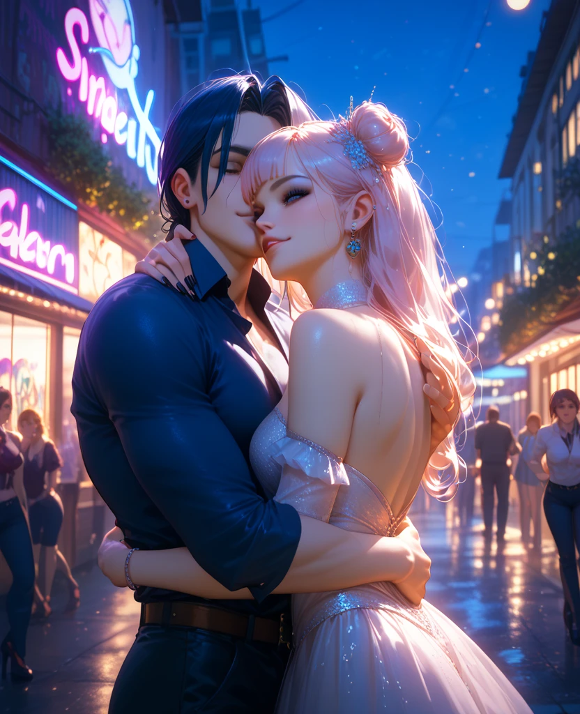 a pink haired woman with violet eyes is kissing a white haired man in front of an ice sculpture