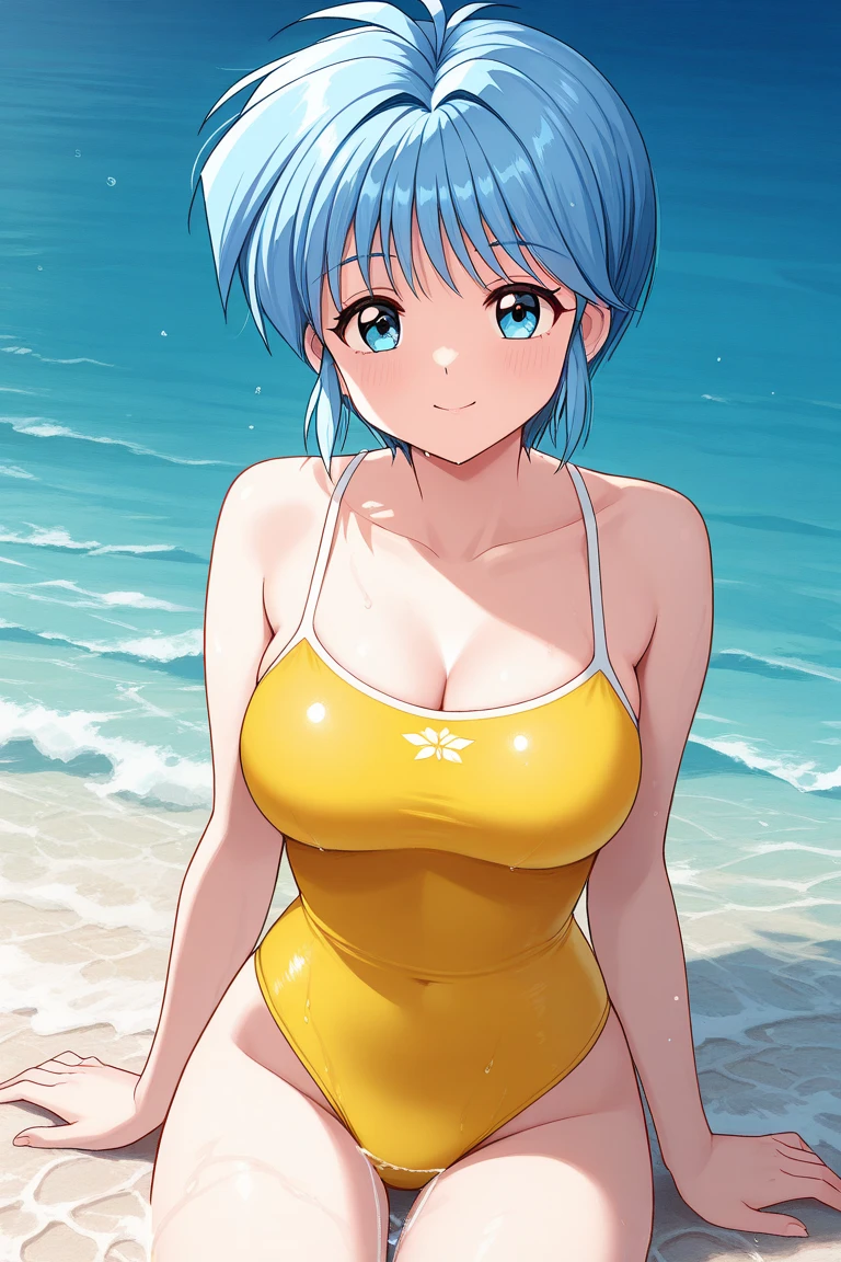 retro artstyle、watercolor paiting、curvy, wide hips,(​masterpiece、8k wallpaper、top-quality)、(The best lighting、Best Shadows、extremely delicate and beautiful)、ultra-detailliert、intricate detailes、colourfull、Rich colors、 upperbody shot、side lights、vanishing point、globalillumination、Near and far law、dynamicposes、dynamic ungle、 1 girl in、solo、(Full lips:0.8)、cute little、Mature、Beautuful Women、 Emi,Best Quality,high-level image quality,A smile,red blush,Magical Emi、Studio Clown、1980s \(Style\), 1girl in, Traditional Media 、、the wind、Swimsuit、Summer, Sea, Beach、The bikini、Tropical islands、suns、Resort、sand beach、Palm trees、blue-sky