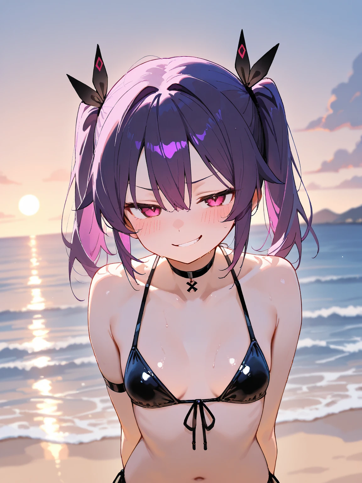 NSFW,masterpiece,Highest quality,High resolution,Very detailed,Helena Blavatsky\(Fate/grandorder\)、Purple Hair、short hair、(Purple eyes:1.1),bikini,Small breasts,beach,Palm tree,Rock Shade,Beach parasol,(Embarrassed),(Lustful face),blush,Girl sitting,Spread your legs