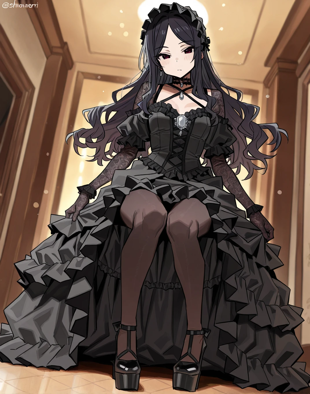 woman ,Big black wavy hair,Sitting,front,High heel,Royal sister,Simple background