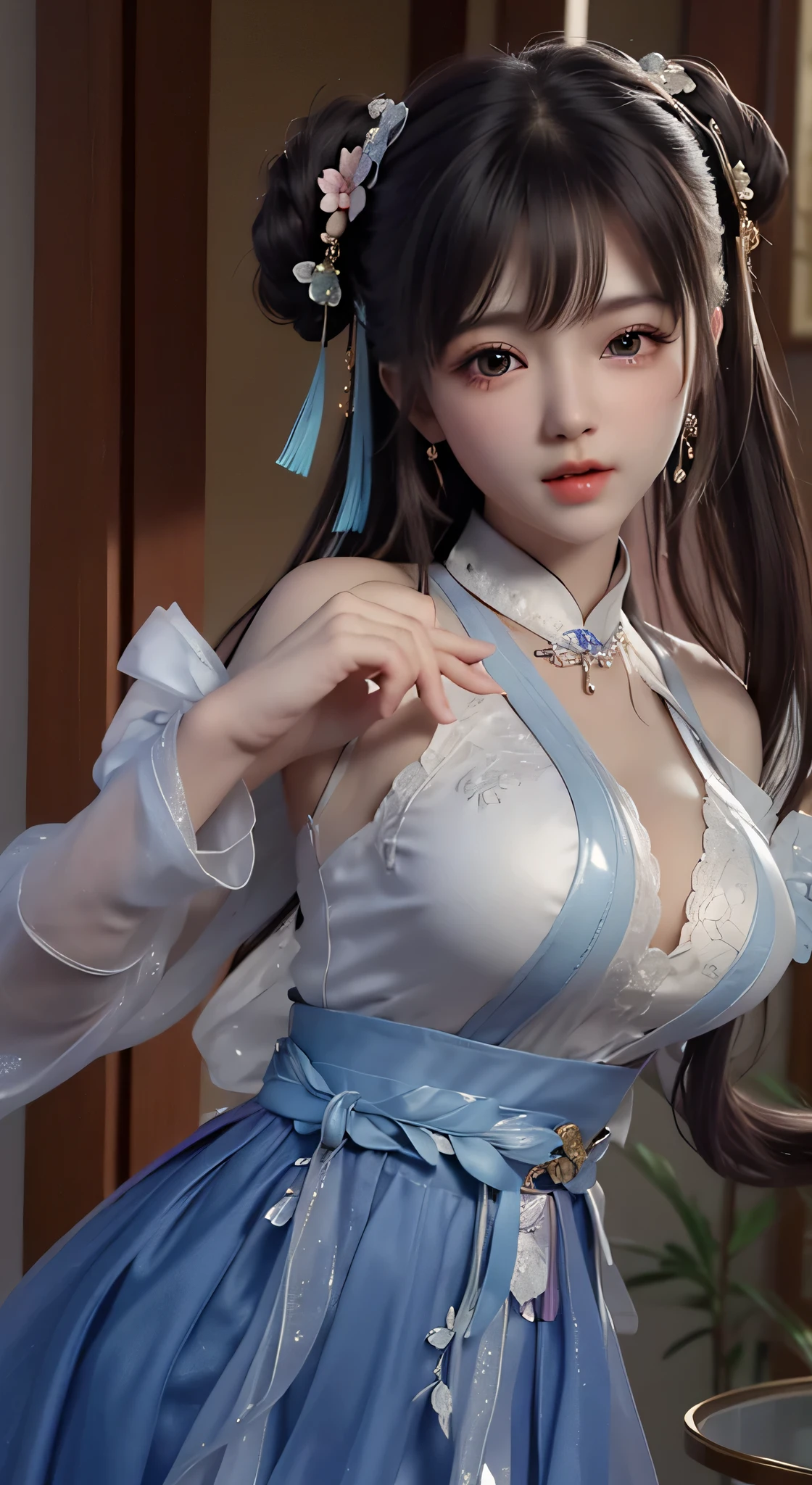 Wet-breasted Hanfu dynasty open V-chested clothes royal Wet body of thin silk fabric, Thin silk lace petticoat,princess 8 yeald old cute, (huge ,cleavage),petticoat, white pink, blue ,best qualtiy,tmasterpiece,ultra high resolution,(Realism:1.4),RAW photogr,(True skin texture:1.3),(filmgrain:1.3),(Selfie angle),1个Giant Breast Girl,Beautiful eye and face details,tmasterpiece,Best quality at best,exposing thighs,Bigchest,The chest is more exposed, detailed hair,above looking down facing at camera,short dressPrincess Eyes,Super big eyes,Detailed face,shiny pupils,